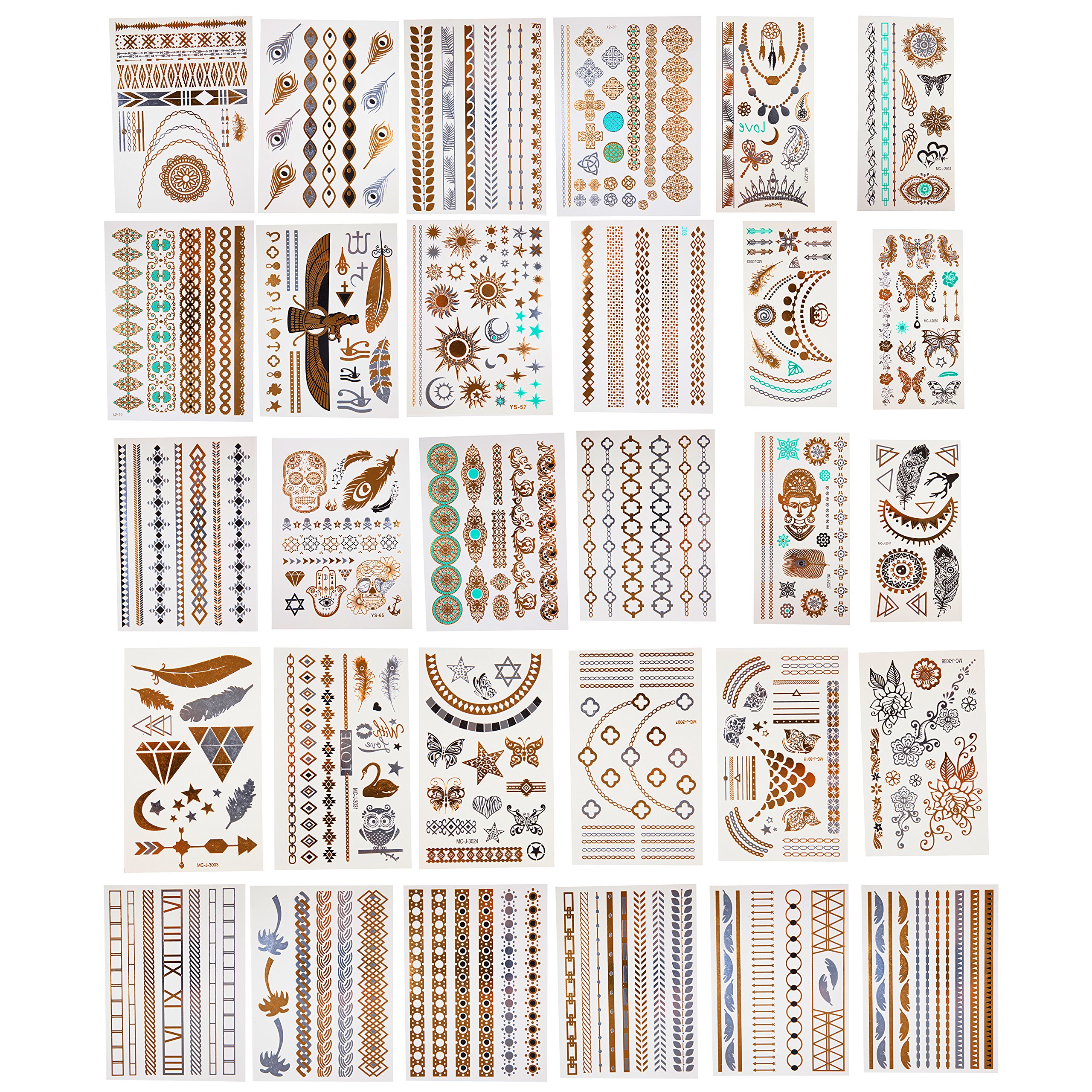 Metallic Temporary Tattoos- 6 Sheets of Gold and Silver Long Lasting Fashion Designs (Series 1)- Unique and Shiny Designs- Bachelorette Party Fun- Easy to Apply, Water Resistant- Easter Basket Stuffer