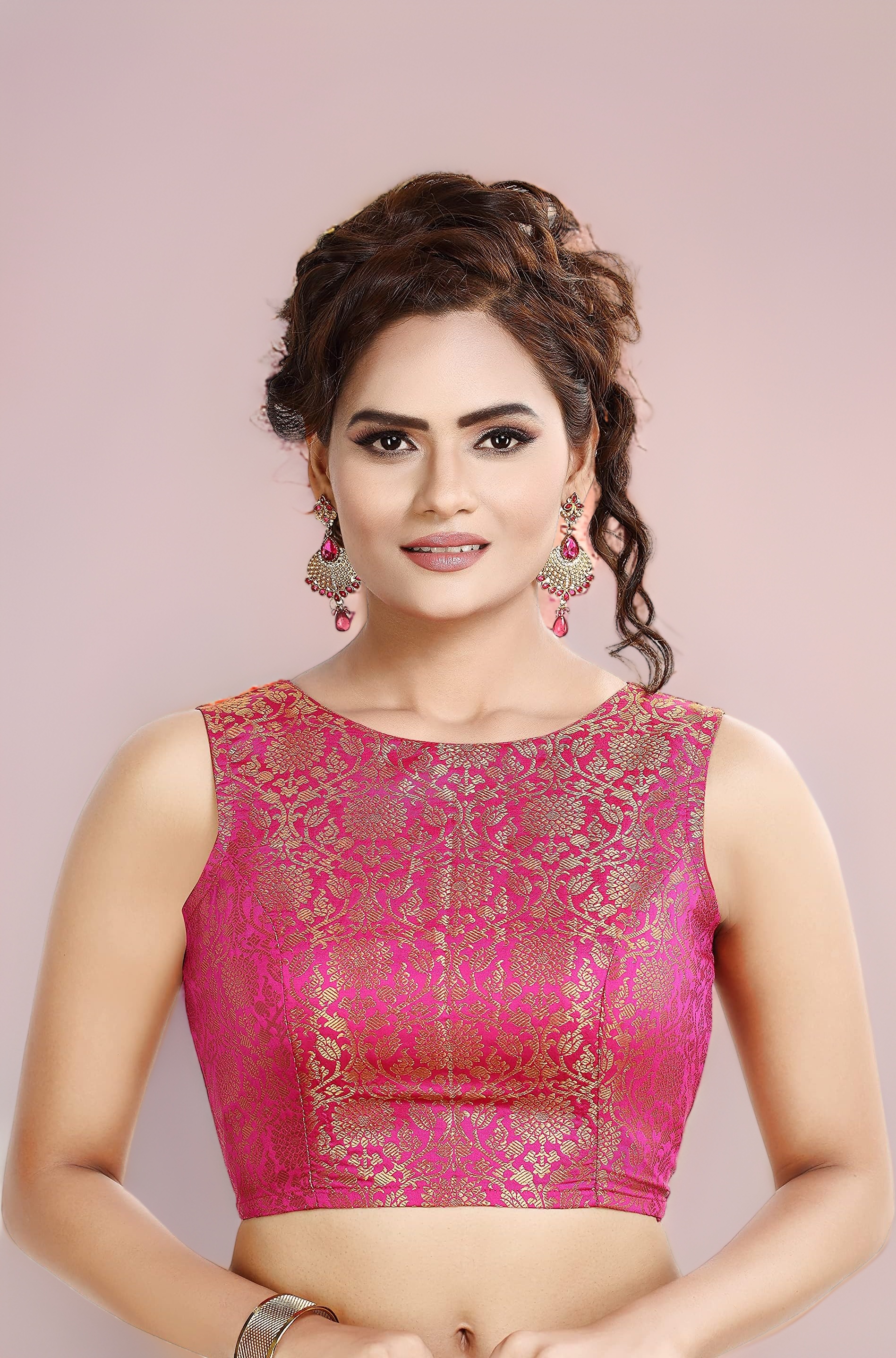 Madhu Fashion Womens Traditional Rich Banaras Brocade Sleeveless Readymade Saree Blouse