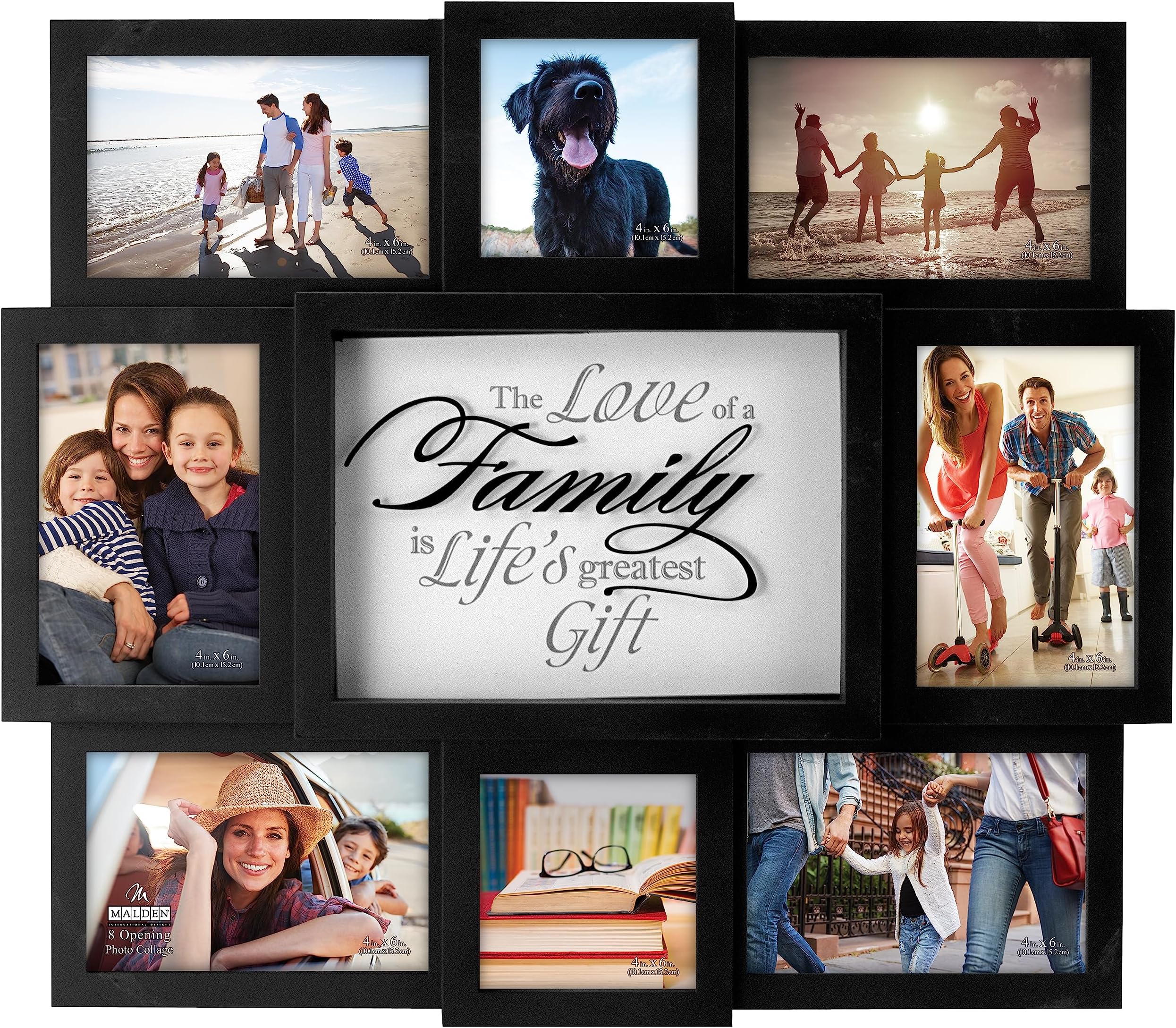 Malden International Designs The Love of a Family Dimensional Collage Black Picture Frame, 8 Option, 6-4x6 & 2-4x4, Black (8308-08)