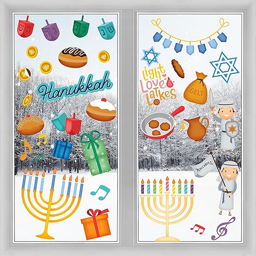 Miniatura 7 de The Dreidel Company Calcomanías grandes de Hanukkah para ventana, decoraciones temáticas de Janucá (96 calcomanías de Hanukkah)