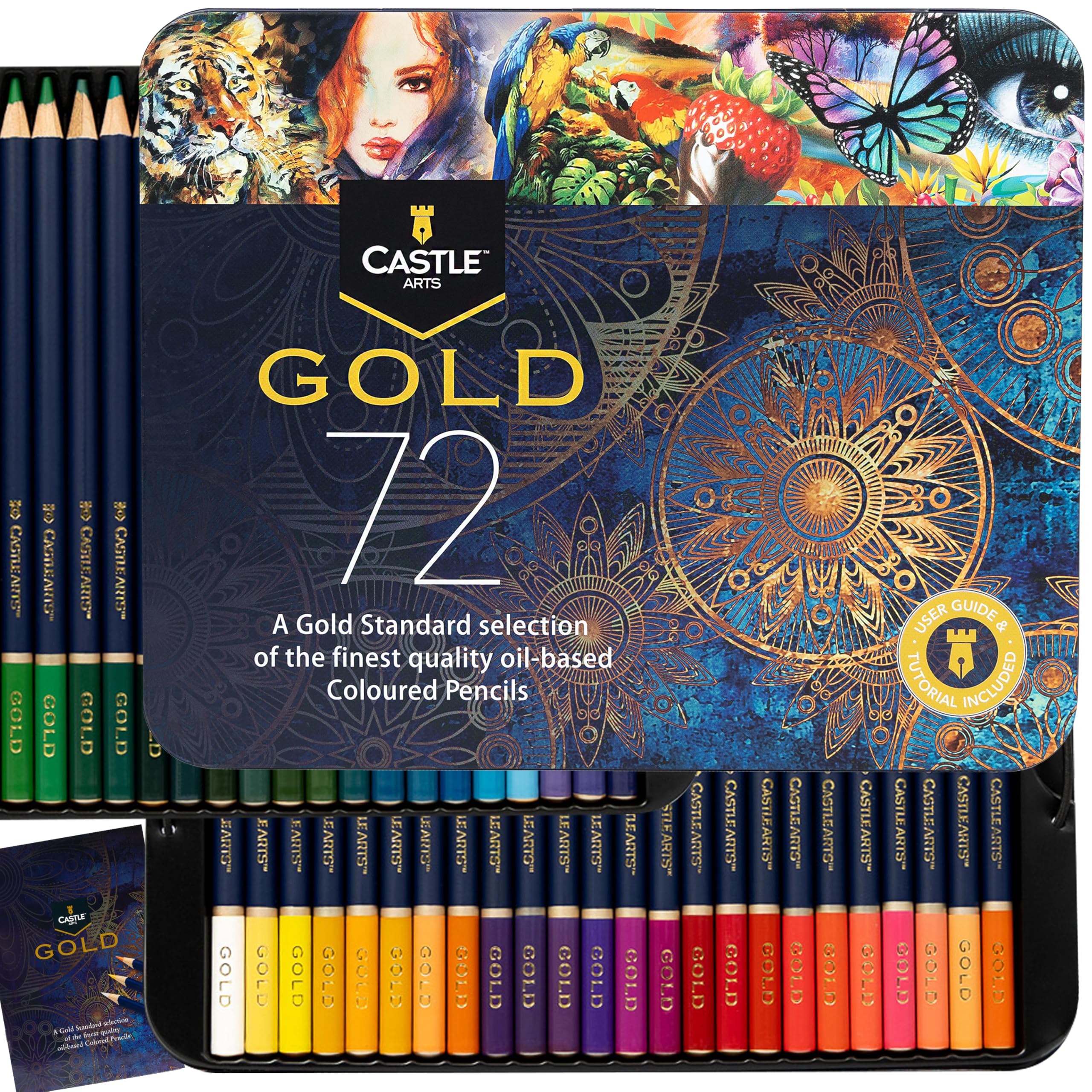 Gold Standard 72 Colouring Pencils Set | Quality Oil-based Coloured Cores Stay Sharper, Tougher Against Breakage | For Adult Artists, Colourists | In Presentation Tin Box