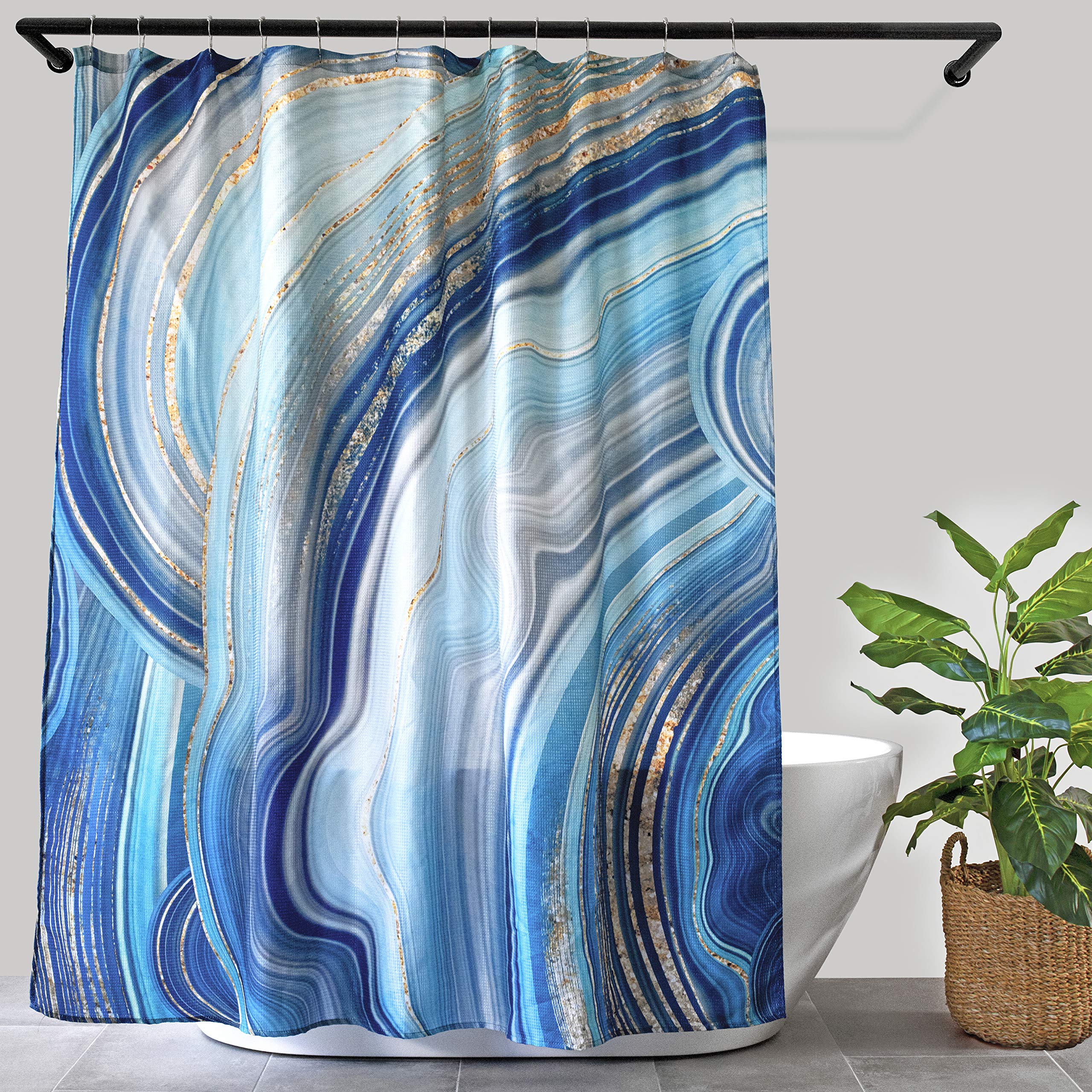 Buy Luxury Blue Marble Shower Curtain with Gold Specks, with 12 Roller