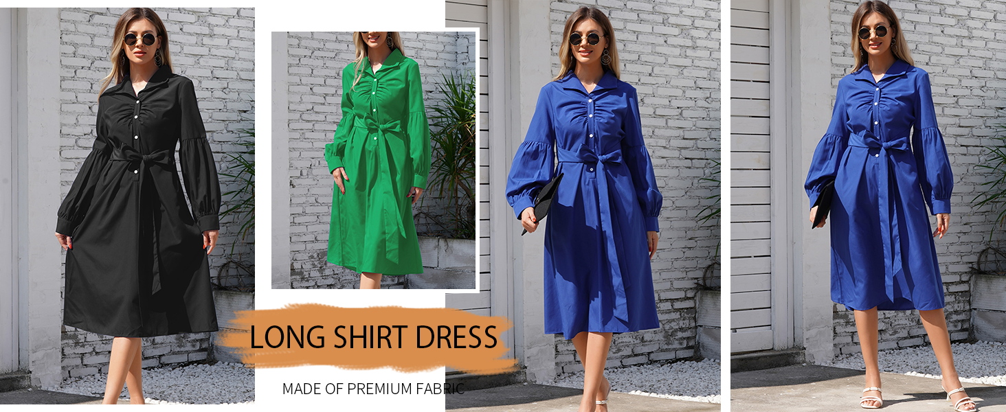 Long Sleeve Shirt Dress for Women, V Neck Button Aline Dress with Pockets Cocktail Party Work Office Business Midi Belt Dresses Black M : Clothing, Shoes & Jewelry