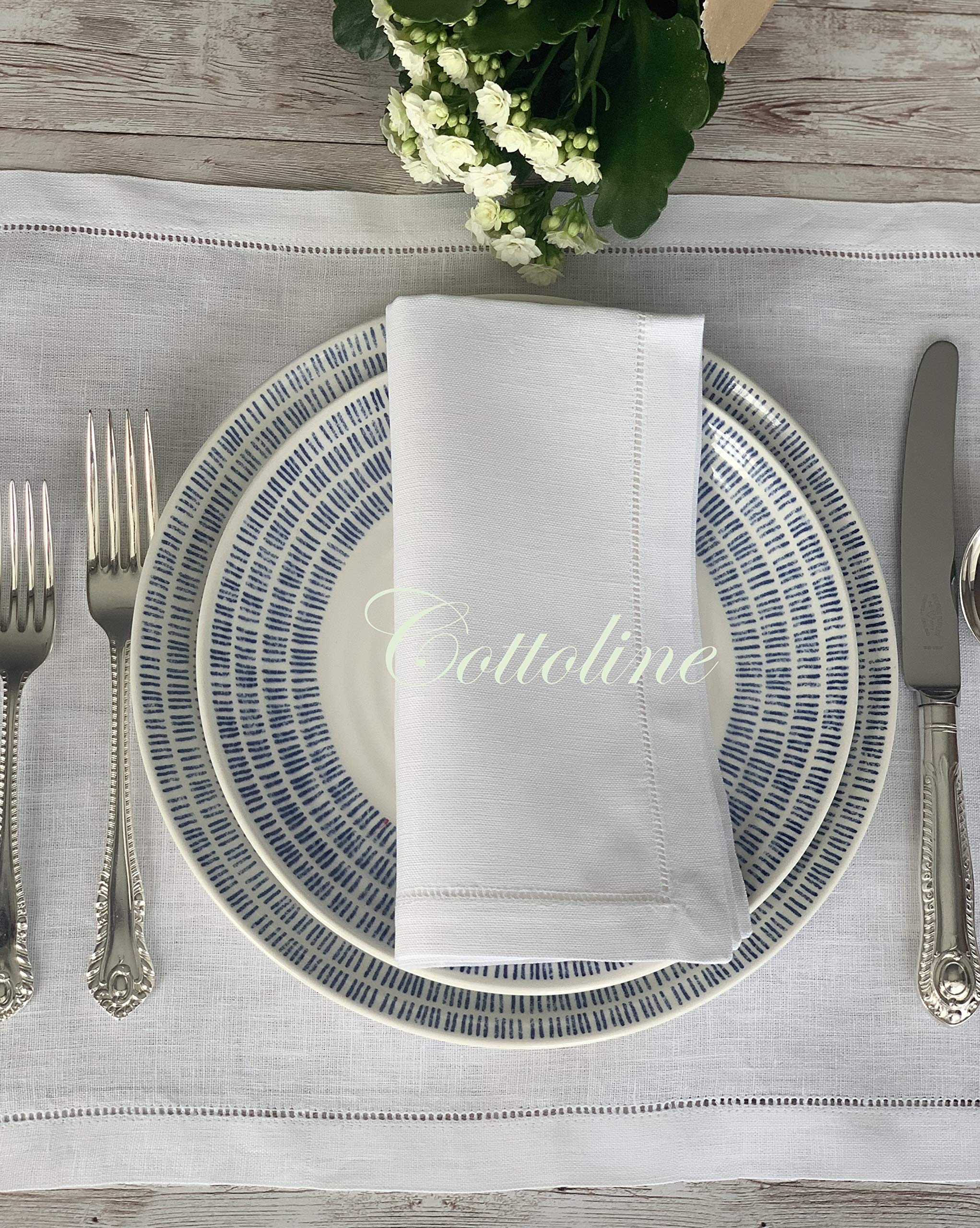 Set of 6 100% Linen Hemstitch White Napkins 18"x18" (45x45cm) - Luxury Dining Table Linen