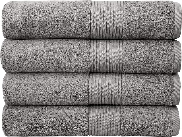 Bliss Luxury Combed Cotton Bath Towels - 34" x 56"/86 x 142 cm Extra Large Premium Quality Bath Sheet - 650 GSM - Soft, Absorbent (4 Pack, Grey)