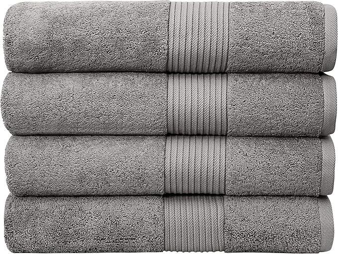 Luxury Oversized Bath Towels | 650 GSM, 34" x 56" | Hotel Quality, Soft & Highly Absorbent | Quick Dry, Thick, Combed Cotton Bathroom Towels | Grey - 4 Pack