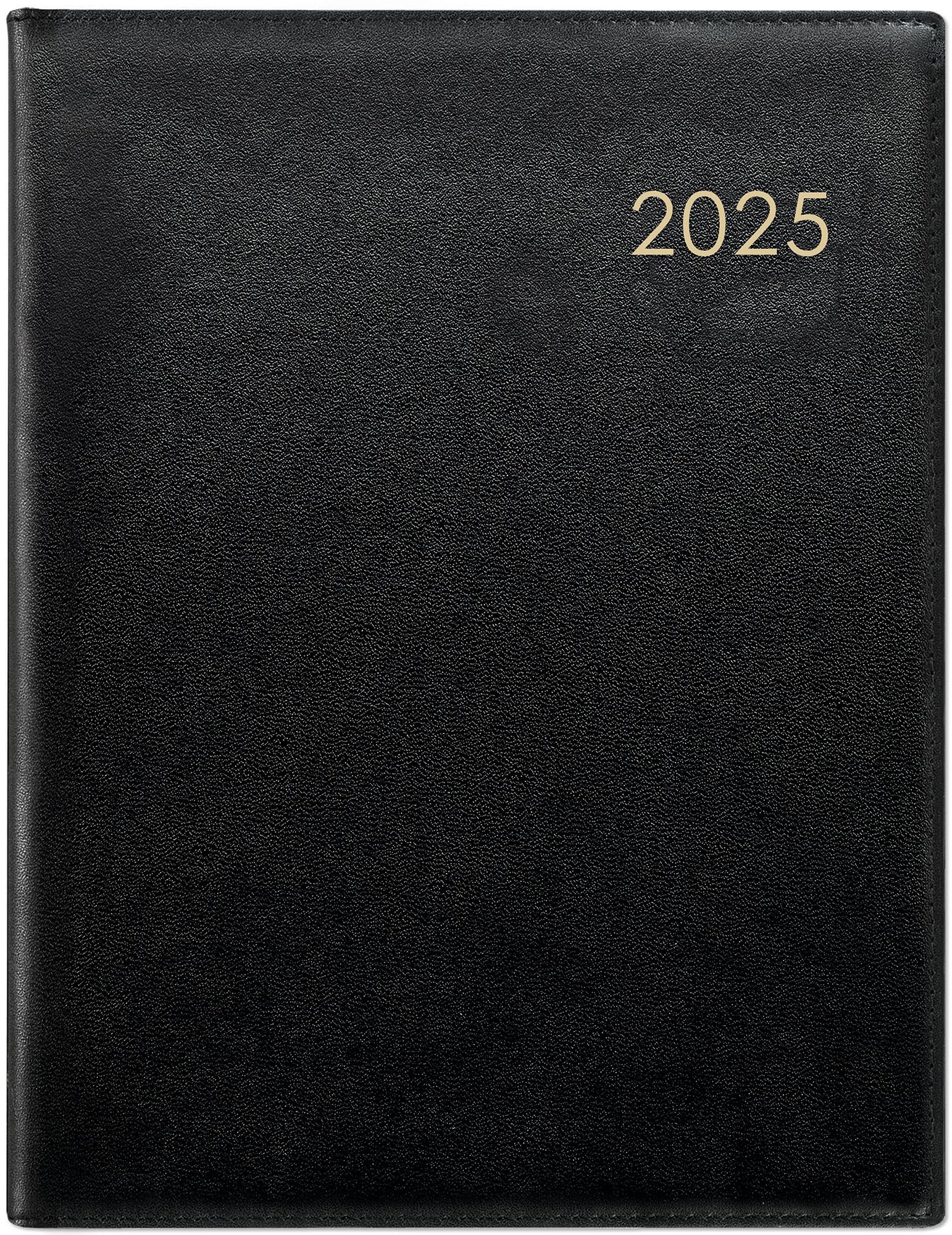 Zettler - Wochenbuch Leder 2025 schwarz, 21x26,5cm, Taschenkalender mit 128 Seiten im wattiertem Einband, 1 Woche auf 2 Seiten, Fadensiegelung, Eckenperforation und internationales Kalendarium
