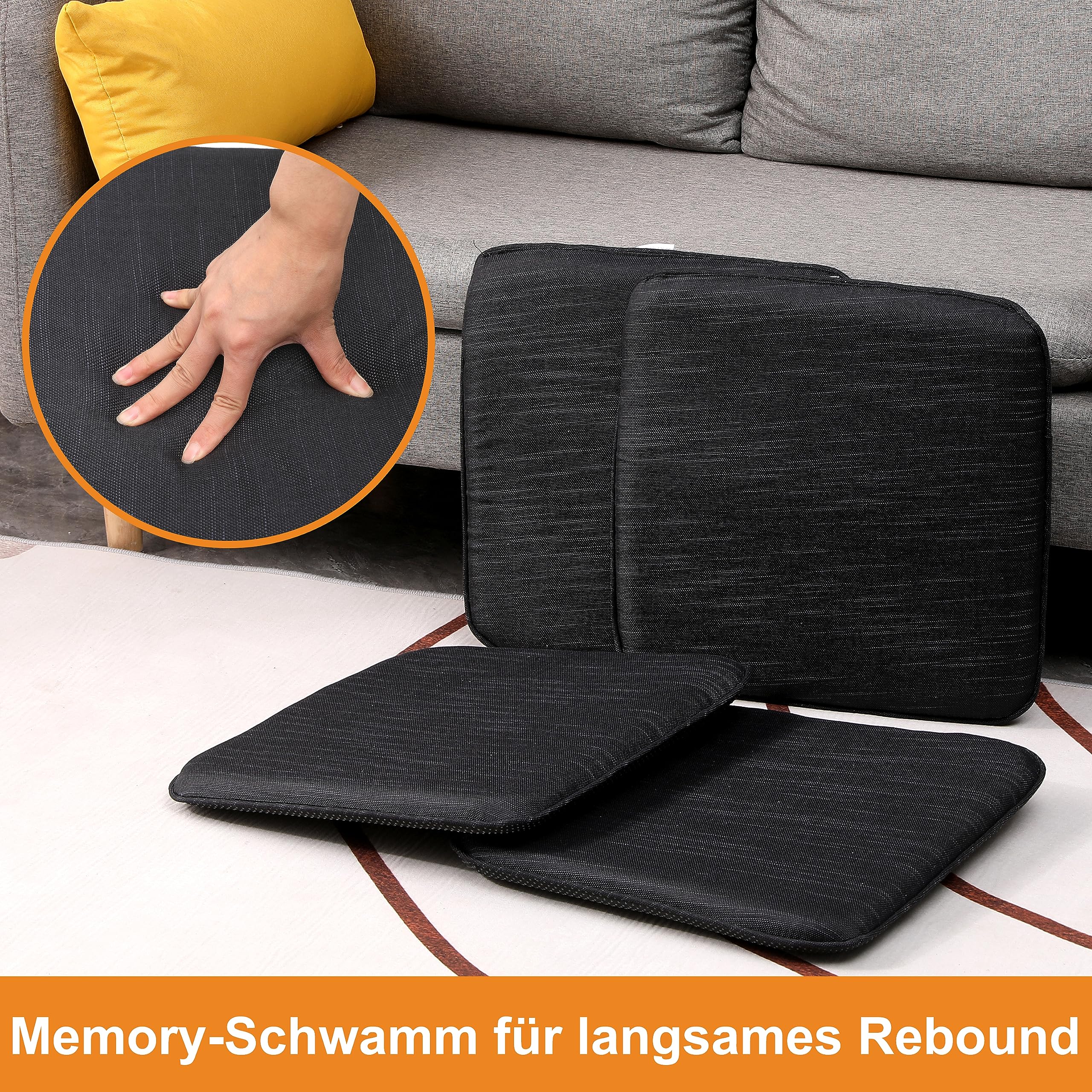 RACE LEAF 6er-Set Sitzkissen 40,5 x 40,5 cm Memory Foam Sitzauflagen, Wasserdicht, rutschfest, Dicke Stuhlkissen für Esszimmerstuhl, Bürostuhl, Gartenstuhl, Schwarz