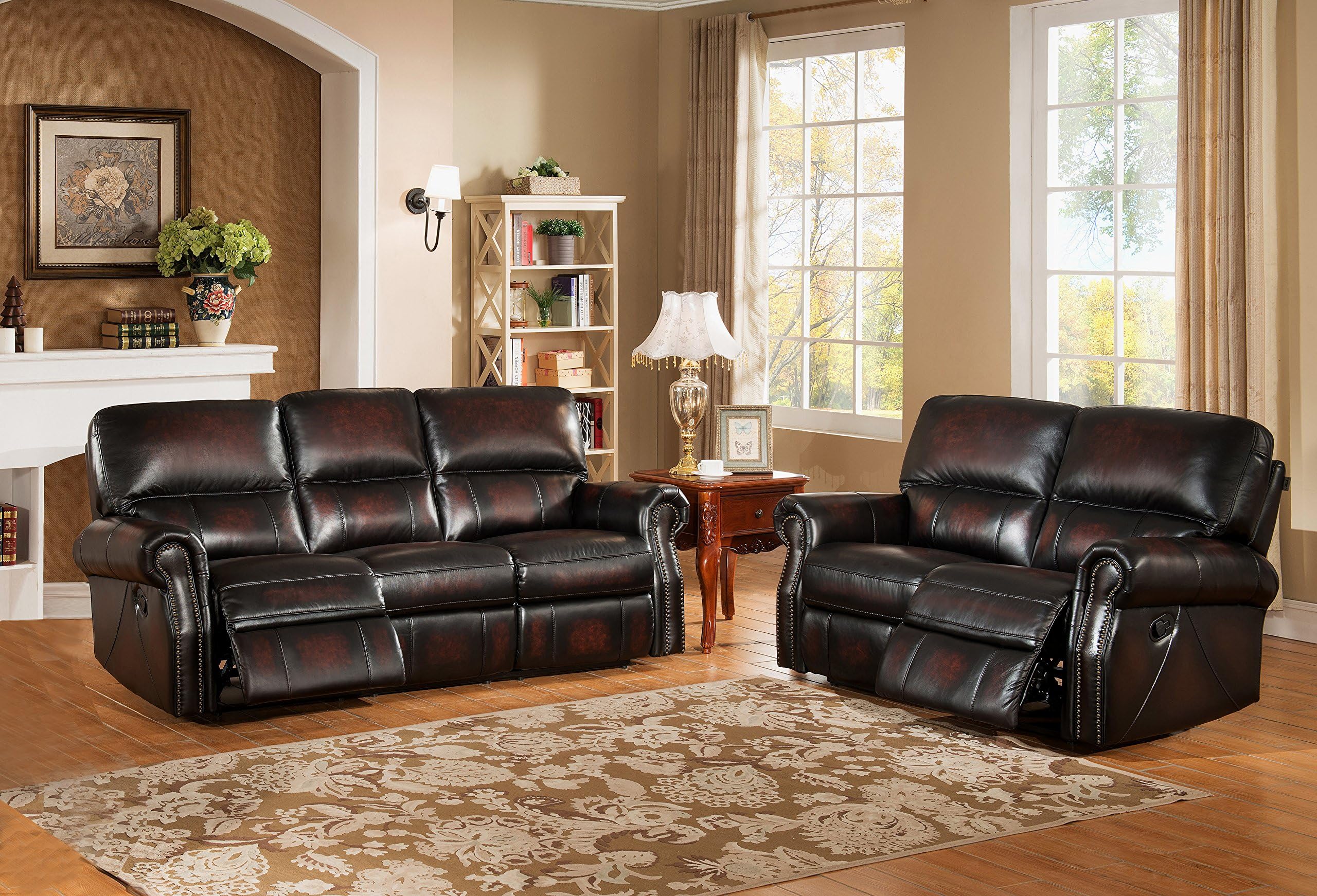 Hydeline Leather Reclining Sofa and Loveseat, Burgundy Brown