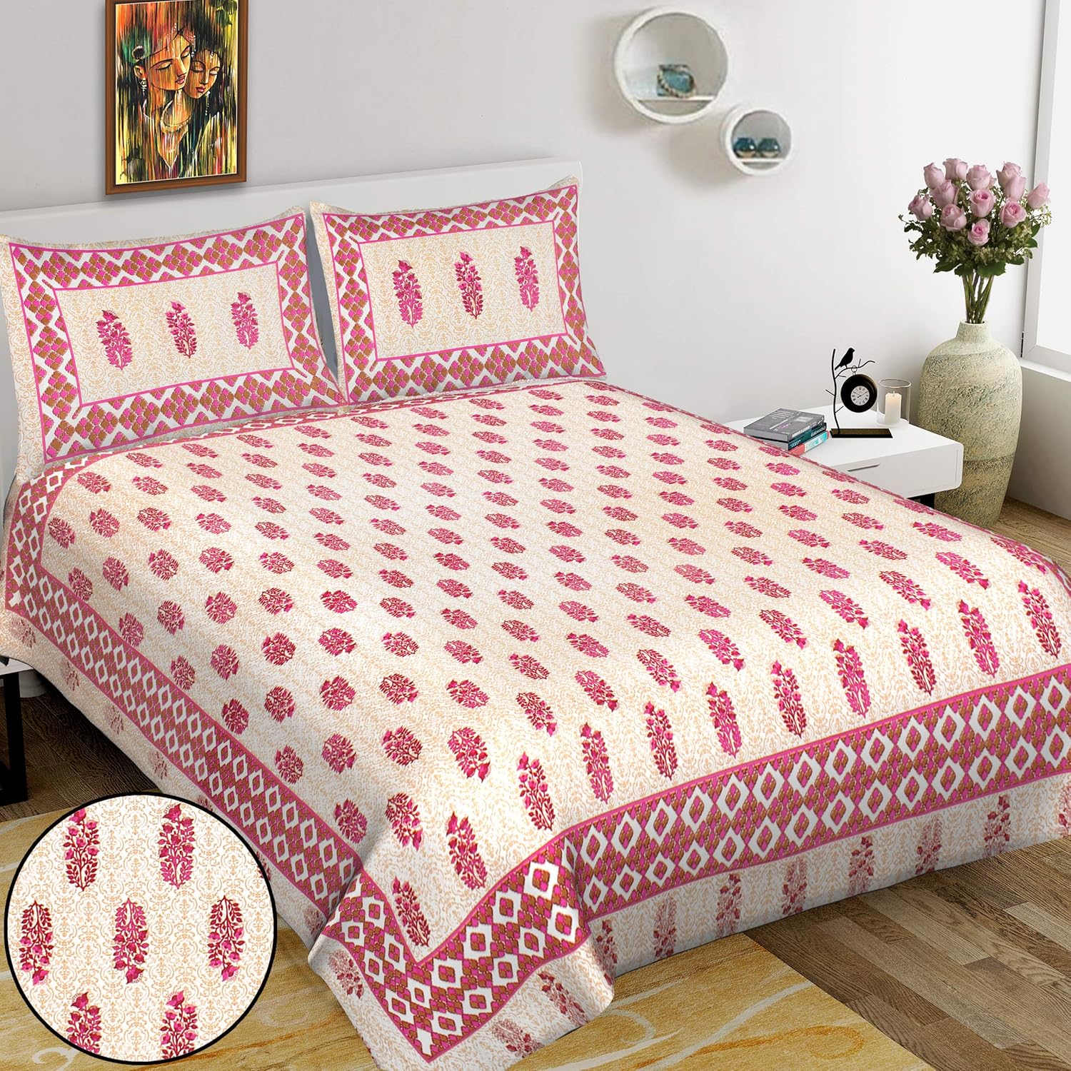 Nitya Home & Fashion 100 Cotton Flower Print Flat Bed Sheet for Double