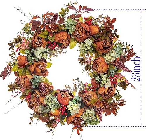 Miniatura 6 de Corona de otoño para puerta delantera, 22 pulgadas, flores artificiales, para otoño, invierno, para puerta delantera, exterior, pared o ventana