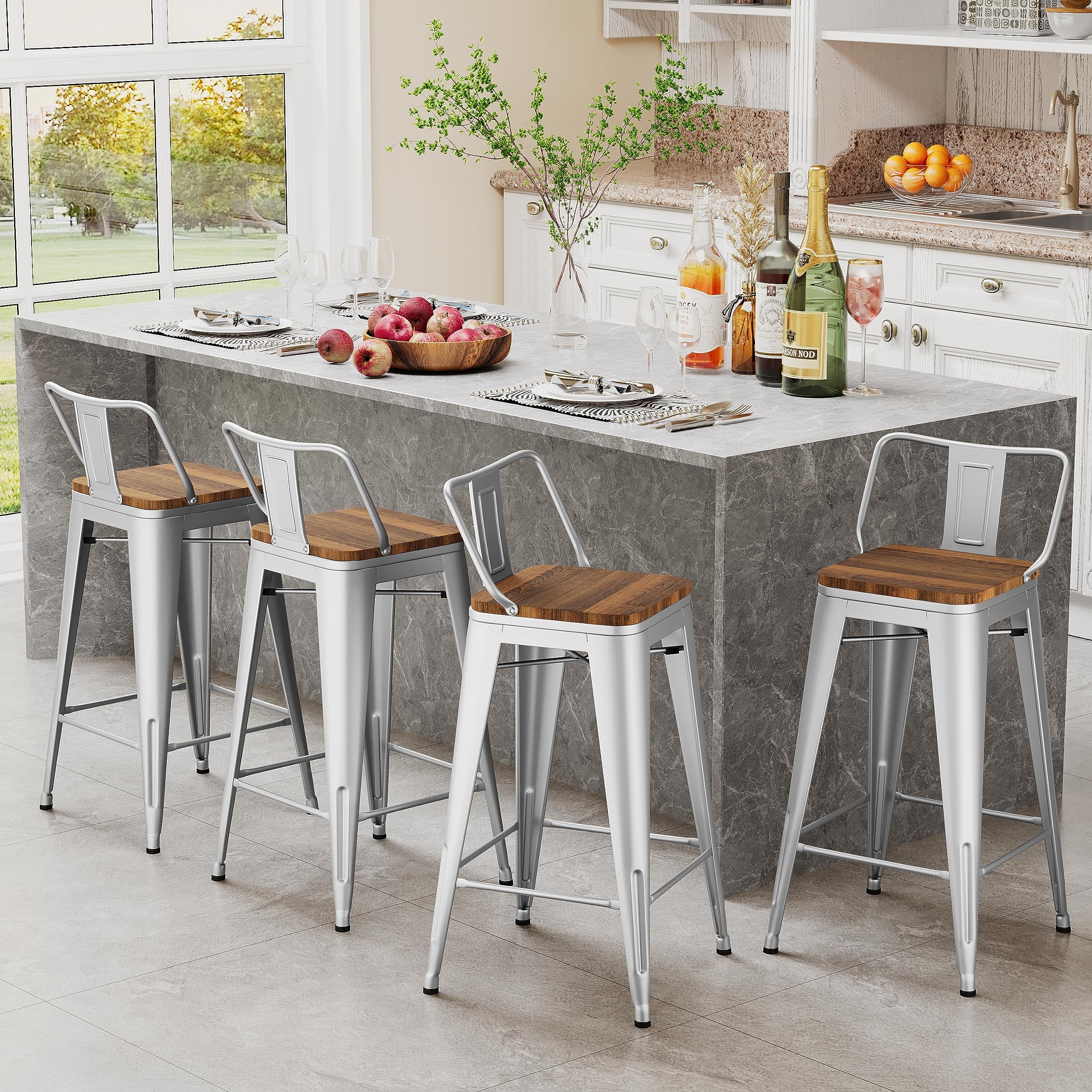 Andeworld Metal Bar Stools Set of 4 Kitchen Counter Stools Bristro Barstools Industrial Bar Stools（24inch Silver with Wooden Seats）