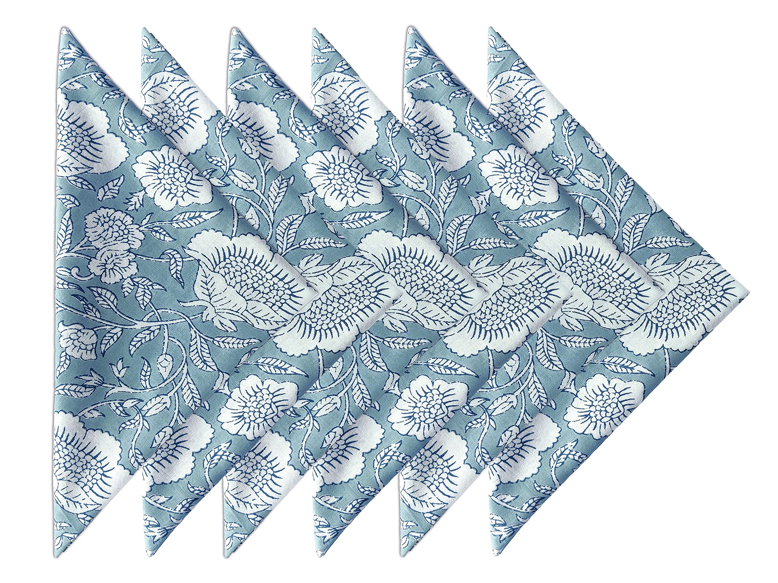 Craftbot 6-Pack Lightweight Cotton Napkins | 18x18 Inch Blue & Green Floral Block Print Washable Dinner Napkins - View #9