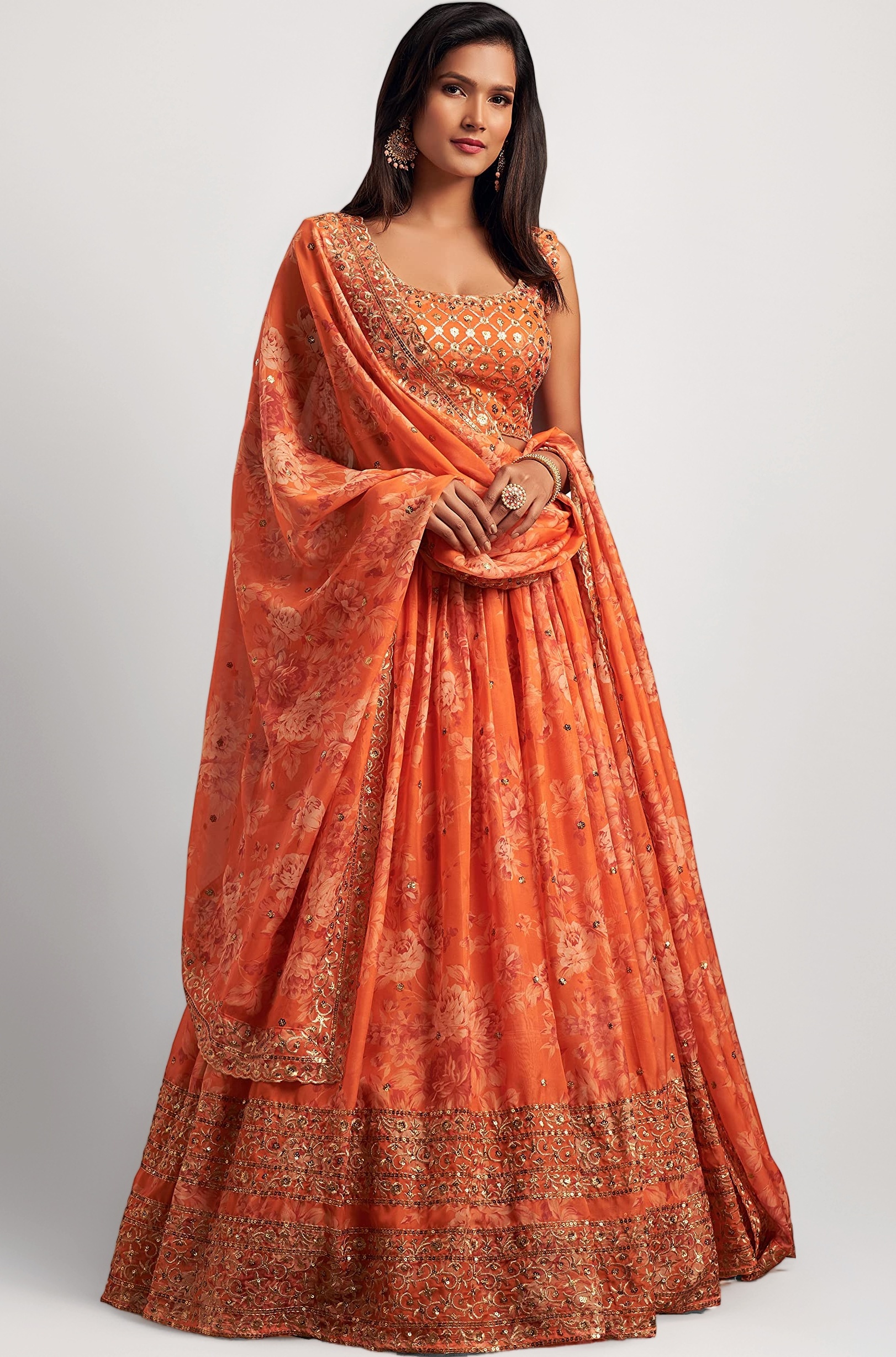 Women's Organza Floral White Semi-Stitched Lehenga Choli (7611-Wedding-Floral-Lehenga-Latest, White)