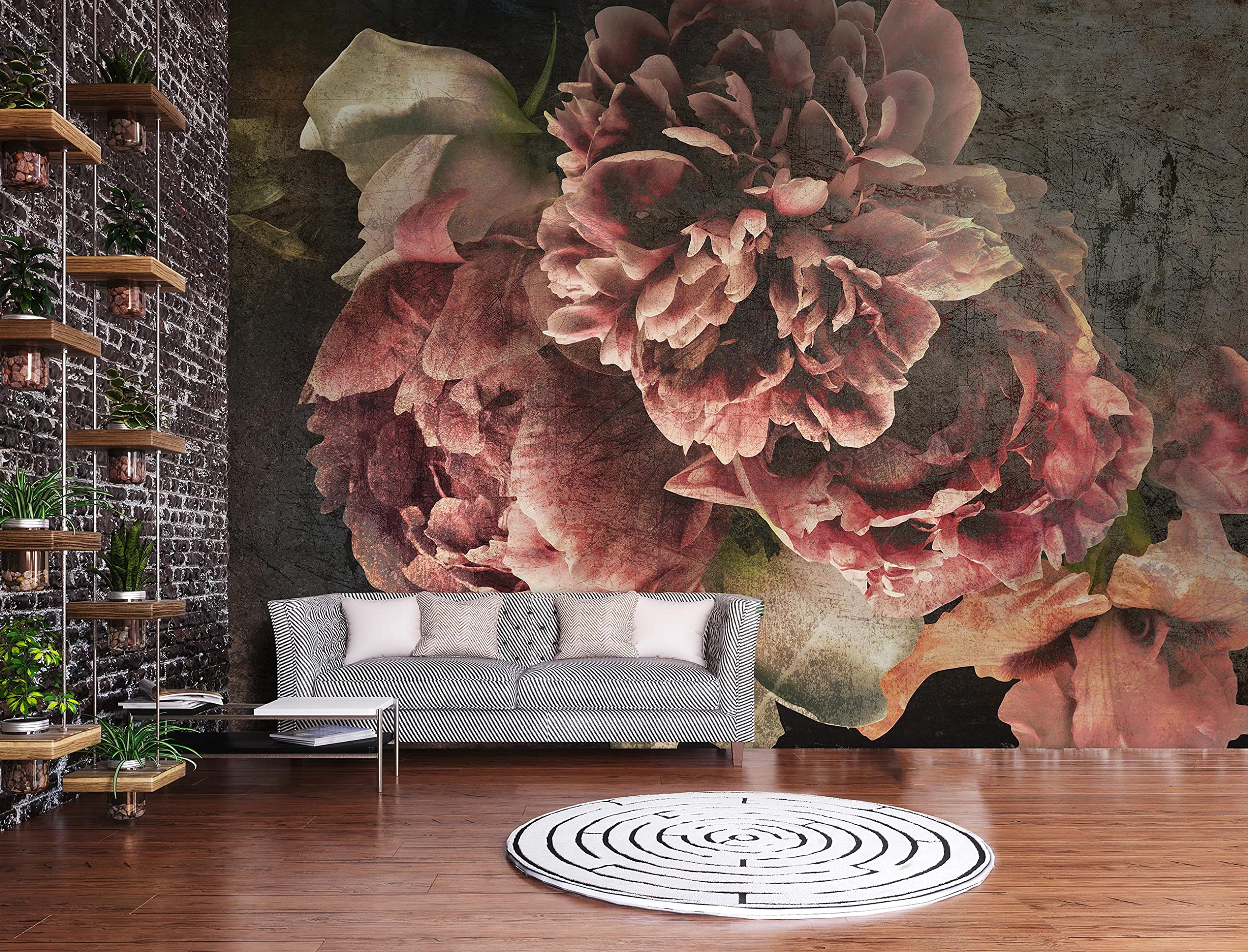 WallArena - Carta da parati fotografica - Fiori, Vintage, Murale fotografico - Per soggiorno e camera da letto - Effetto 3D - con Colla - Peonie, Peonie, Cemento