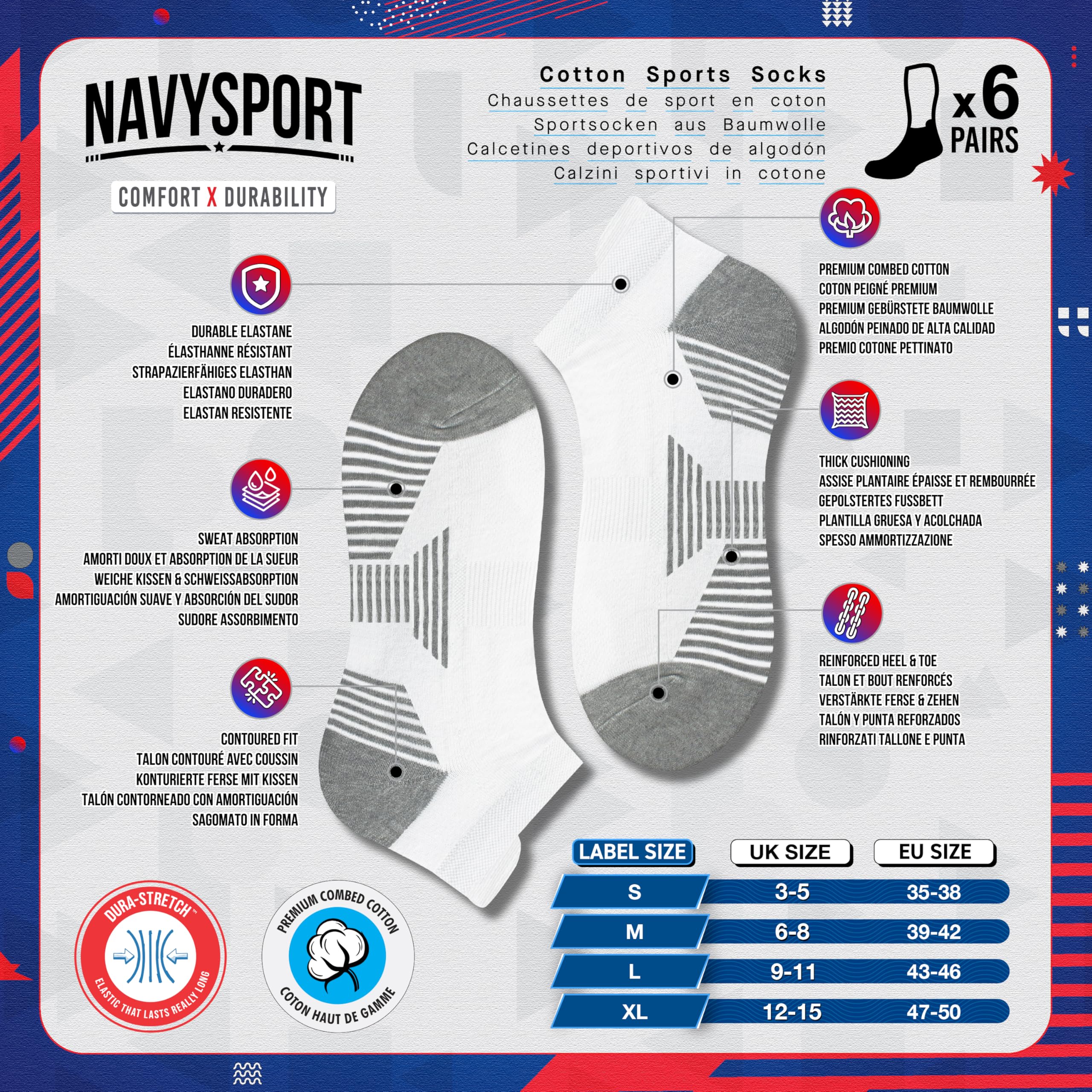 NAVYSPORT calzini sportivi da uomo in cotone, confezione da 6 paia