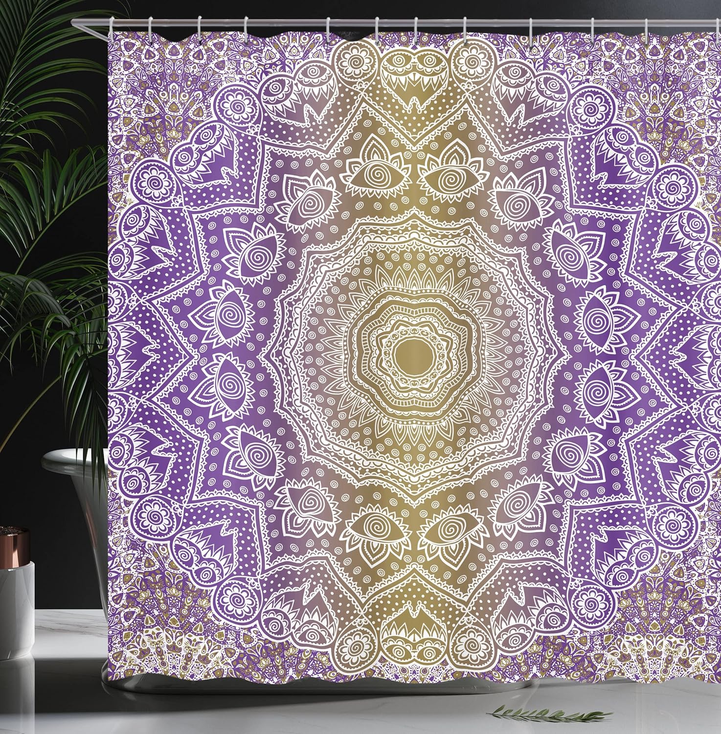Ambesonne Yellow and Purple Shower Curtain, Mandala Ombre East Tradition Deep Mystic Magic in Cosmos Psychic Image, Cloth Fabric Bathroom Decor Set with Hooks, 70" Long, Violet Yellow 70" Long Violet Yellow