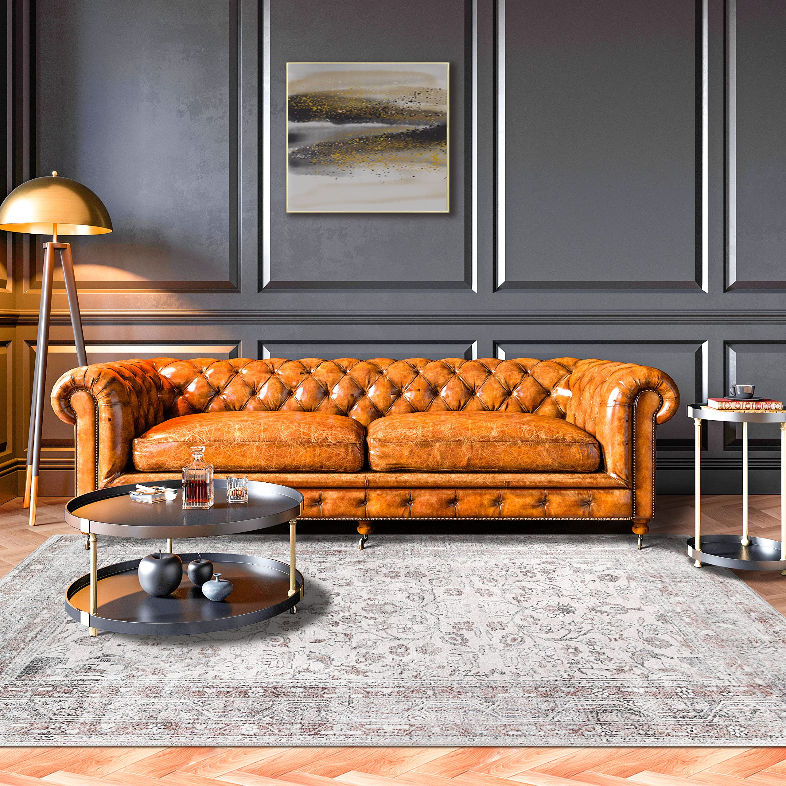 SuperiorIndoor Area Rug for Unique Floor Throw, Bedroom, Living/Dining Room, Soft Cotton Backed Rugs, Distressed Floral Medallion Home Decor, Anwen Collection, 7' 6" x 9' 6", Beige Brown