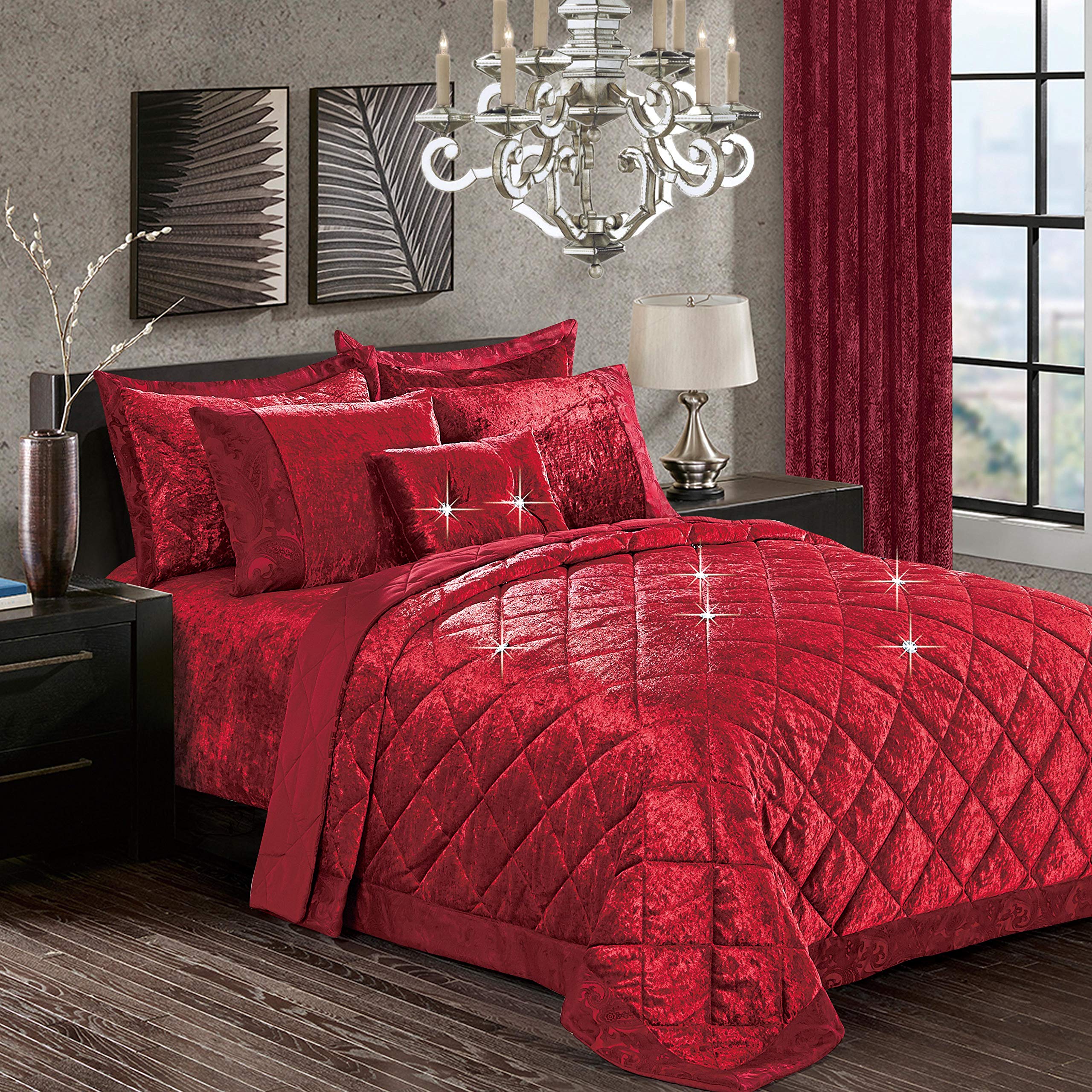 PRIME LINENS Crushed Velvet Quilted Bedspread Comforter Set 3 Piece Super Soft Bed Throw Diamond with 2 Pillow Cases (Burgundy, Double 3 Piece)