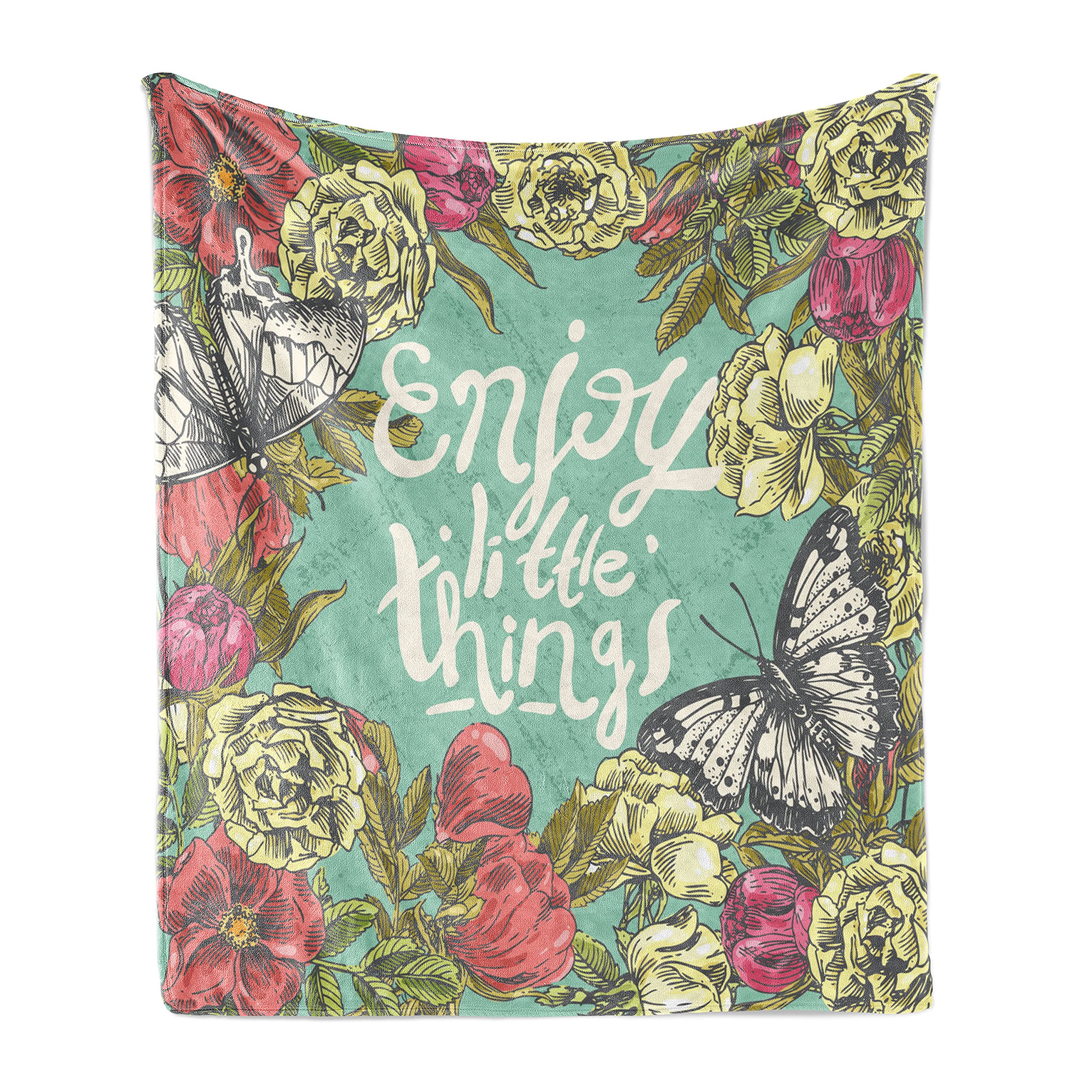 Ambesonne Enjoy The Little Things Soft Flannel Fleece Throw Blanket, Sketch of Spring with Butterflies Grunge Design Uplifting Phrase, Cozy Plush for Indoor and Outdoor Use, 50" x 60", Teal Pink