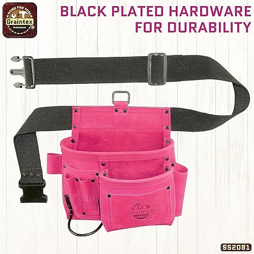 Miniatura 8 de GRAINTEX SS2081 - Bolsa de 5 bolsillos para uñas y herramientas, piel de gamuza de color rosa con cinturón de cincha de 2 pulgadas para