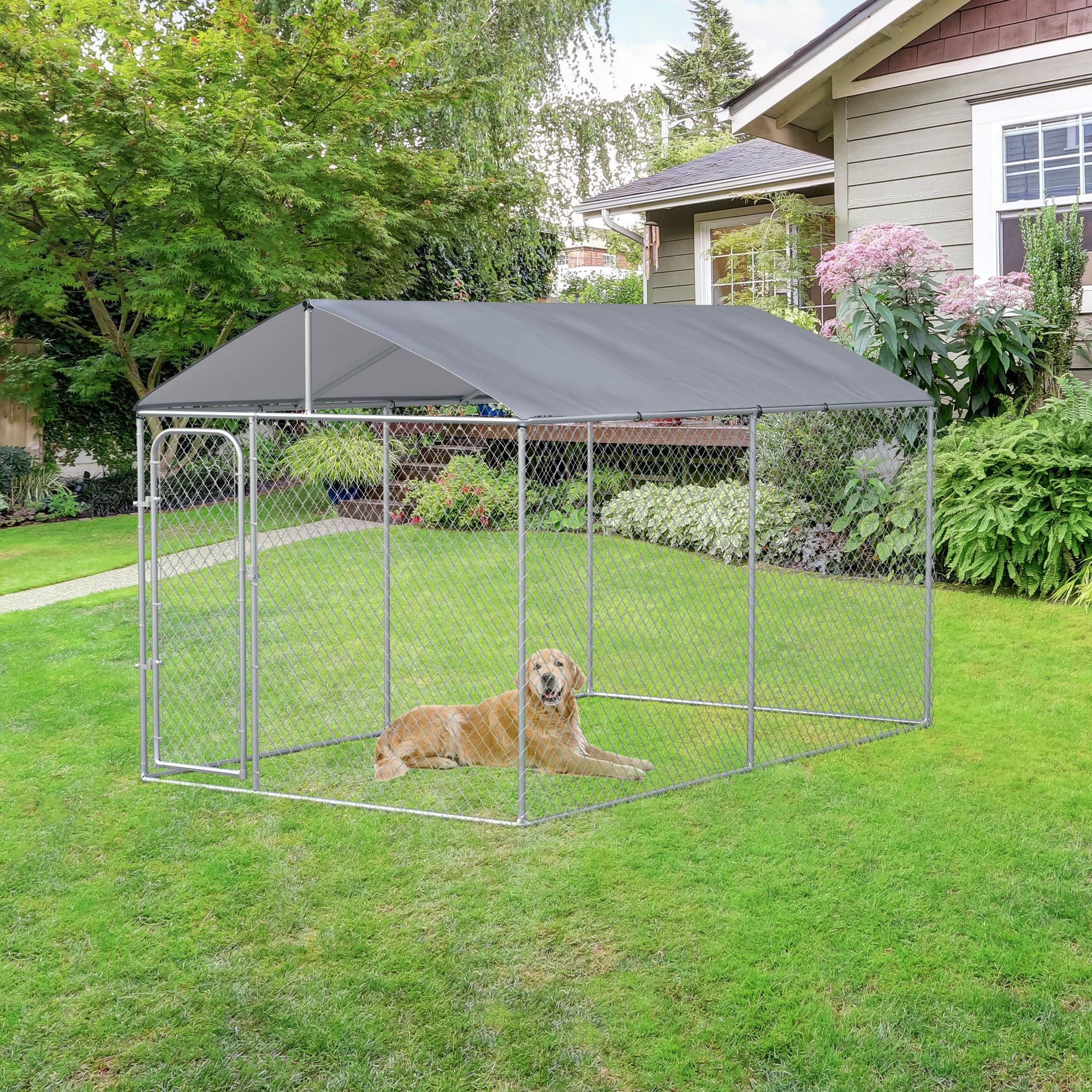 Buy PawHut Outdoor Dog Kennel Galvanized Steel Fence with Cover Secure