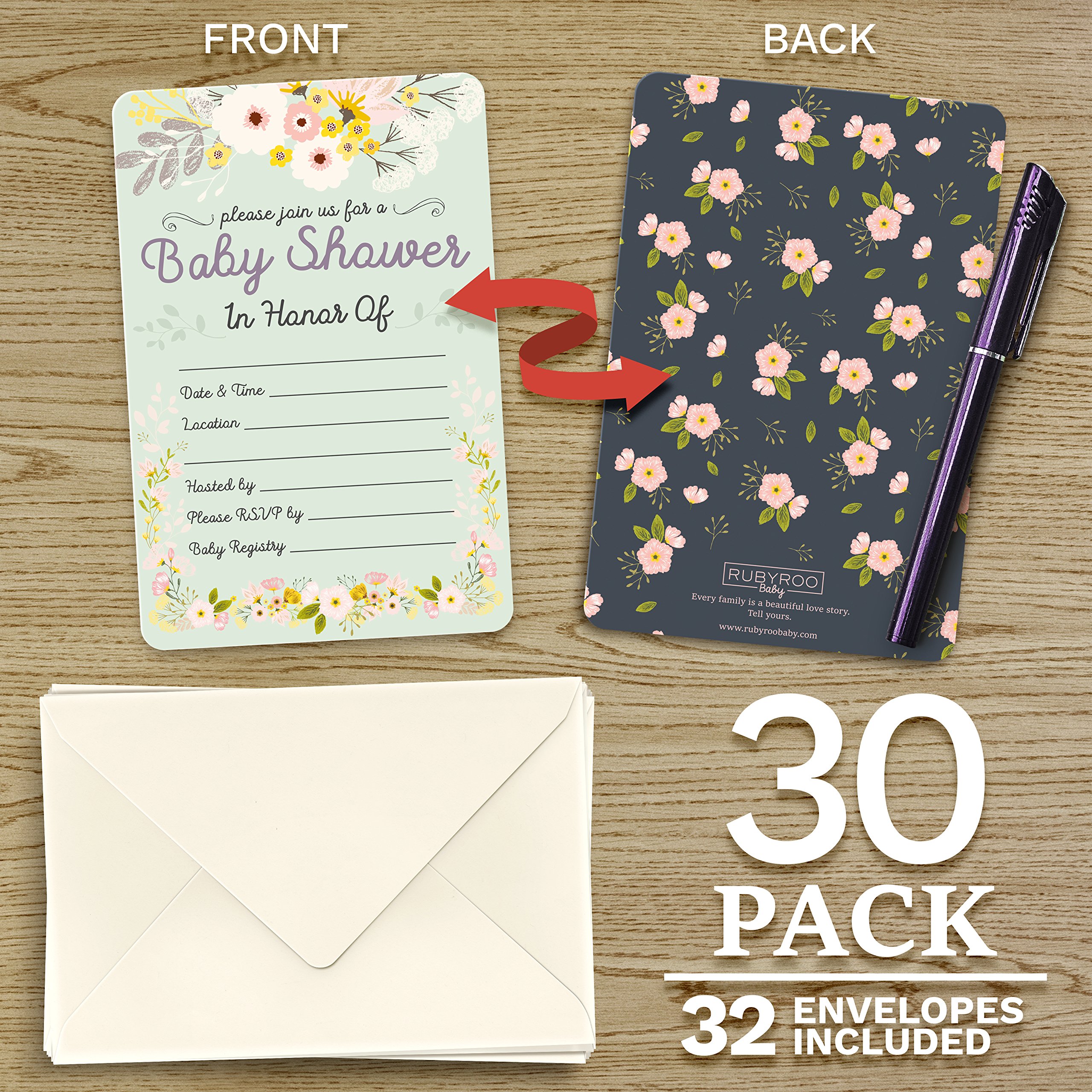 RubyRoo Baby Zaproszenia prysznicowe - 30 kart + koperty. Neutralna płeć dla chłopca lub dziewczynki. Dopasuj gry na baby shower, dekoracje i upominki