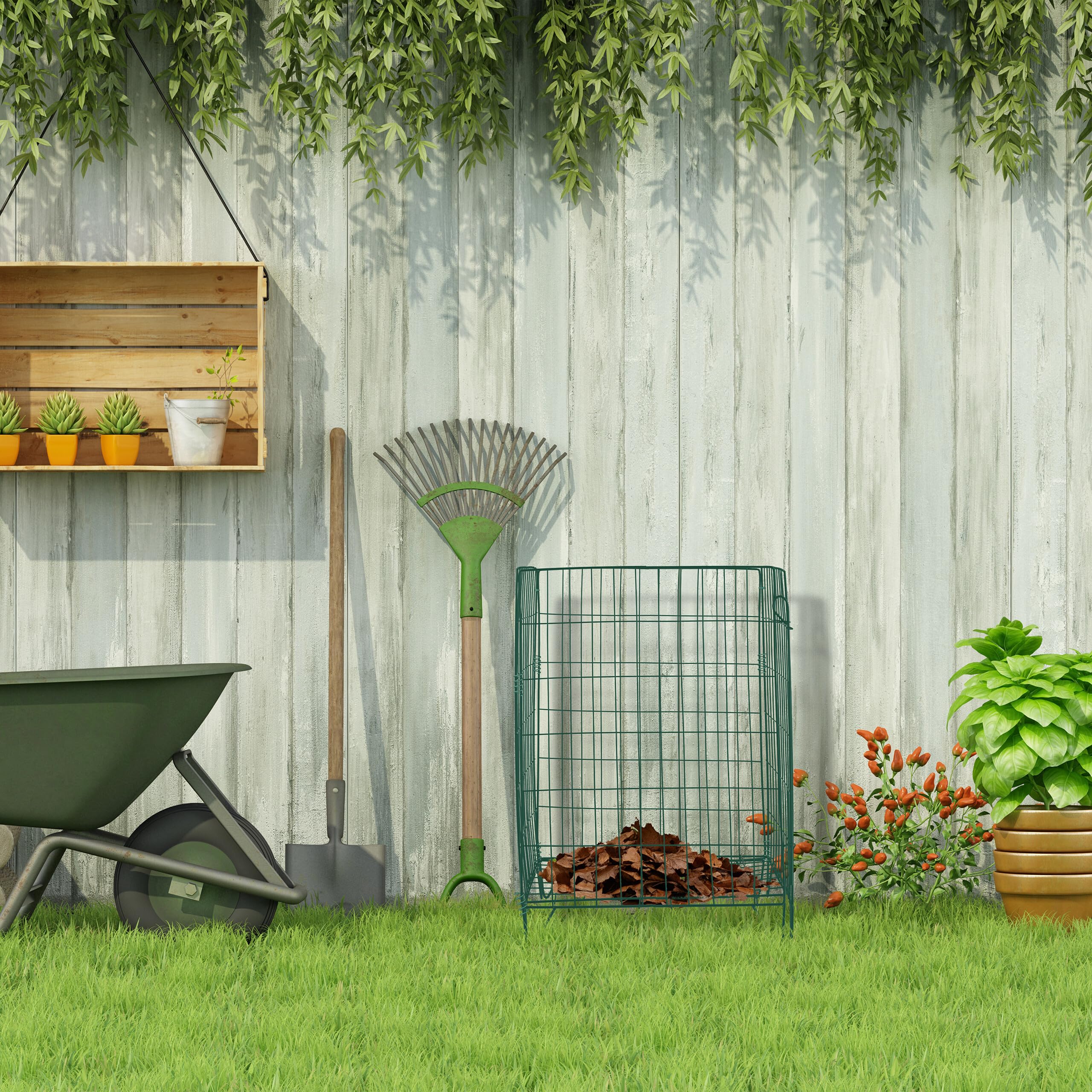 Relaxdays Compostiera a Griglia, Contenitore per Compost, Foglie e Rifiuti da Giardino, 68 x 46 x 46 cm, Acciaio, Verde