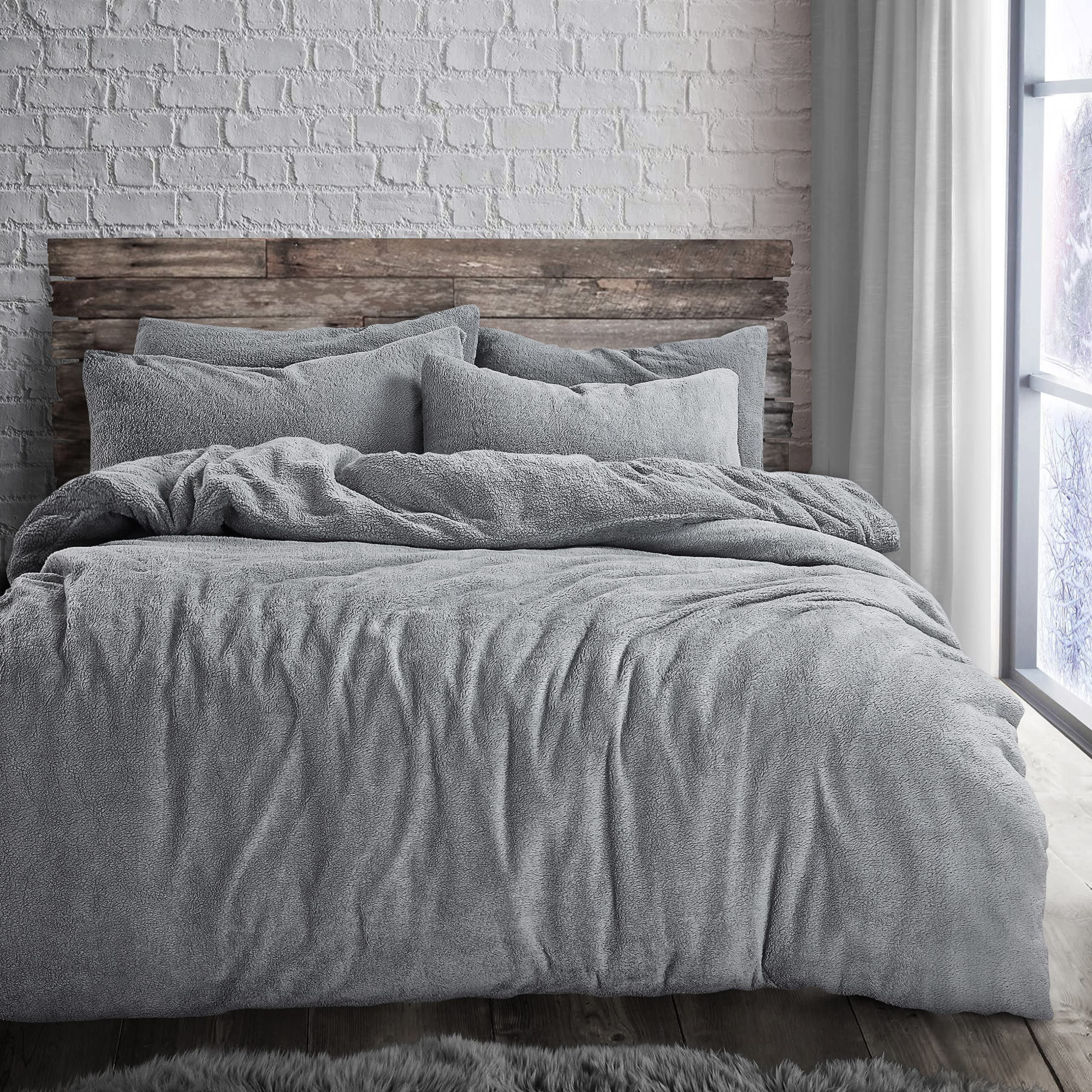 Velosso Teddy Cosy Fleece Duvet Cover Quilt Bedding Set with Pillow Case Thermal Warm Fluffy Super Soft (Silver Grey, Super King) โ image 1