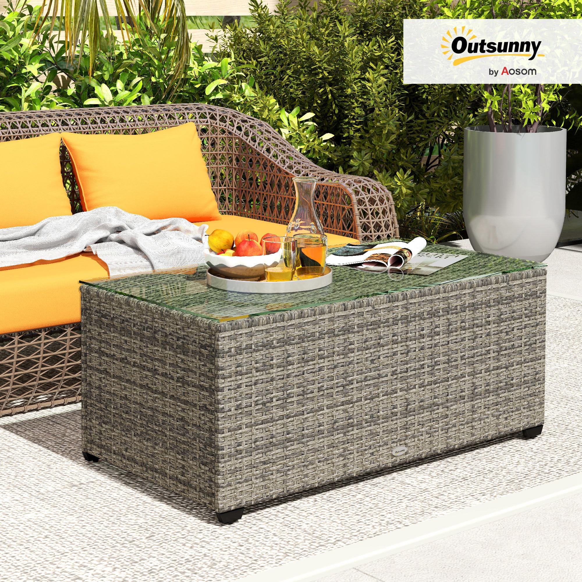 Outsunny Table Basse de Jardin, Table d'appoint en résine tressée Aspect rotin, Plateau en Verre trempé, Cadre en Acier, 90 x 50 x 38 cm, Gris foncé