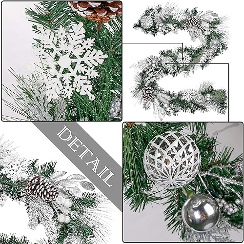 Miniatura 5 de Valery Madelyn Paquete de guirnalda de Navidad preiluminada de invierno congelado y blanco y plateado con 20 luces LED y adornos de bola para puerta