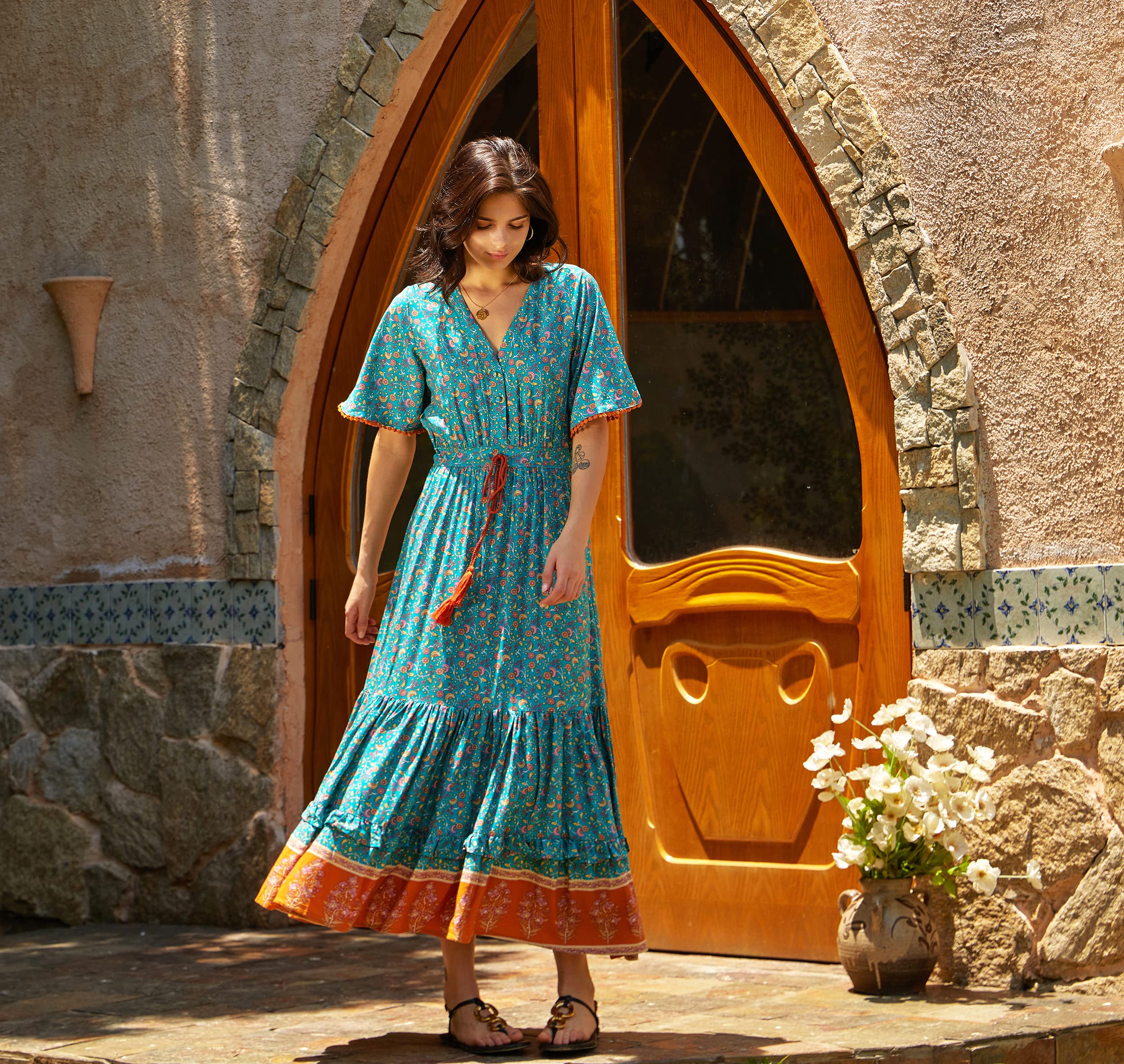 R.Vivimos Abito Boho Estivo Donna Abito Sexy Scollo a V Bottoni Manica Corta Vestito Elegante con Volant Orlo Abito Lungo Maxi da Spiaggia Casual per Le Vacanze(XL,Verde)