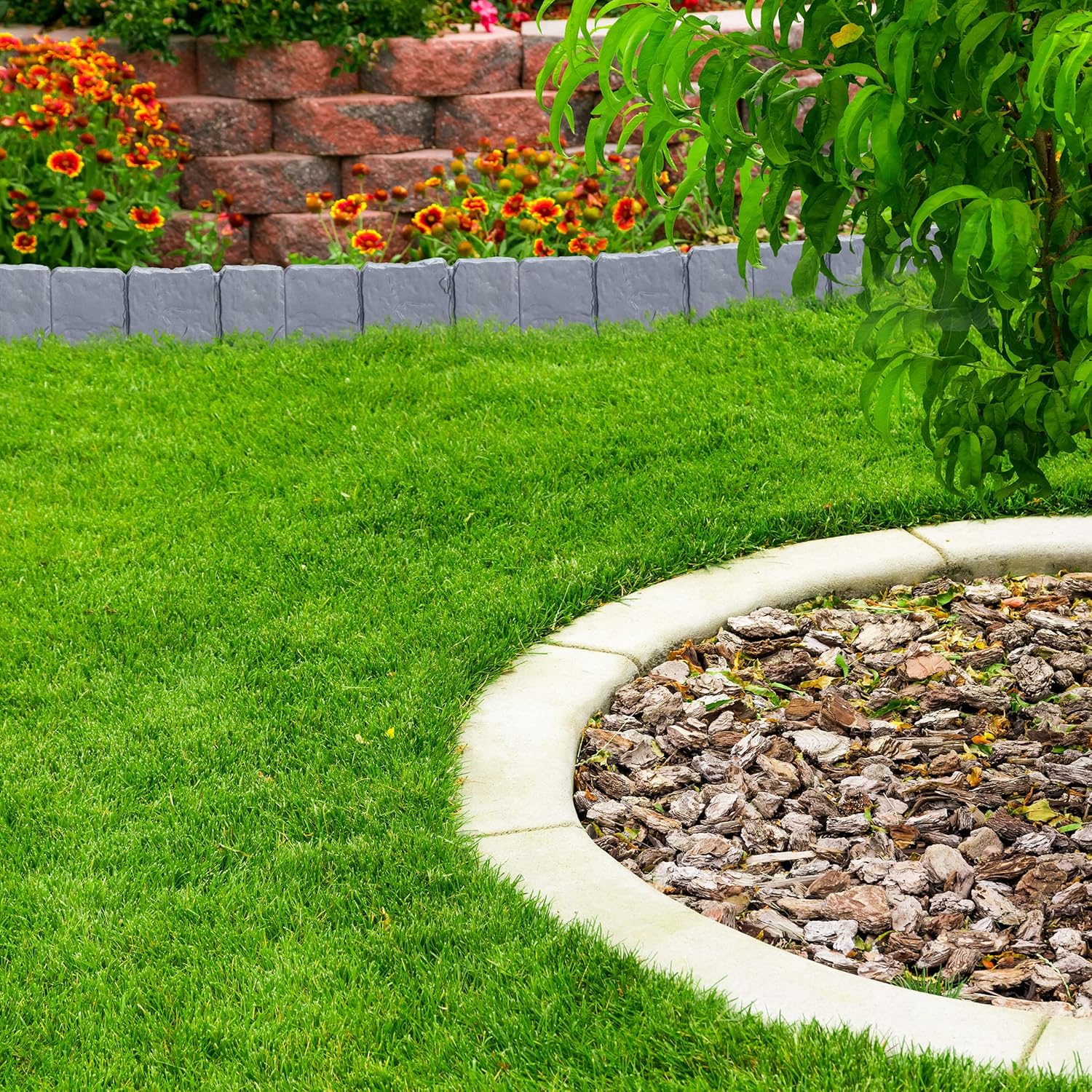 Relaxdays Garden Edging, 10 Piece Set, Flowerbed Lawn Border, Stone Effect, HxW: 10x25 cm, Push-in, Grey