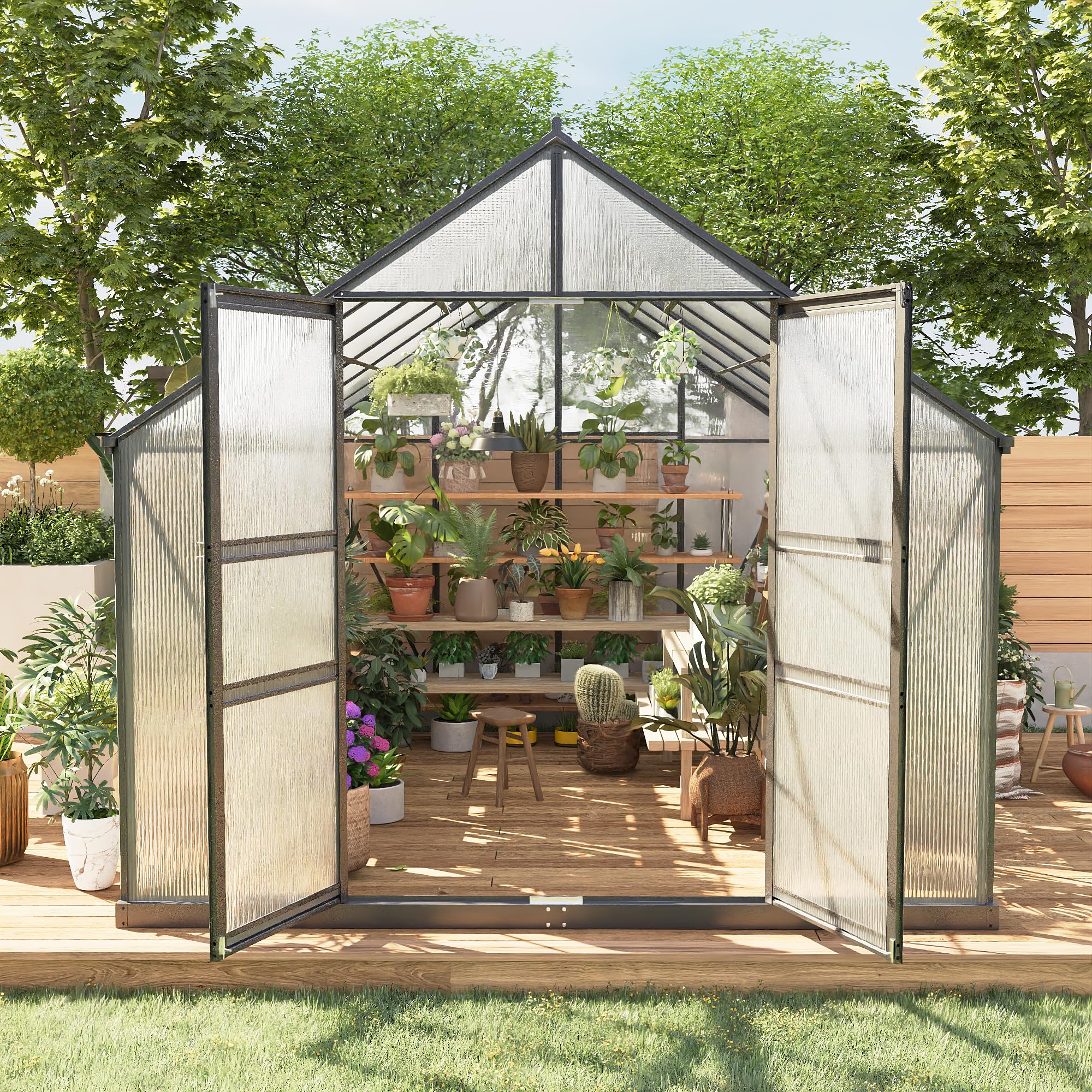 8*12 ft outdoor walk-in greenhouse, polycarbonate green house, heavy duty greenhouse with vented roof window, windproof aluminum frame, suitable for outside gardening, backyard, patio
