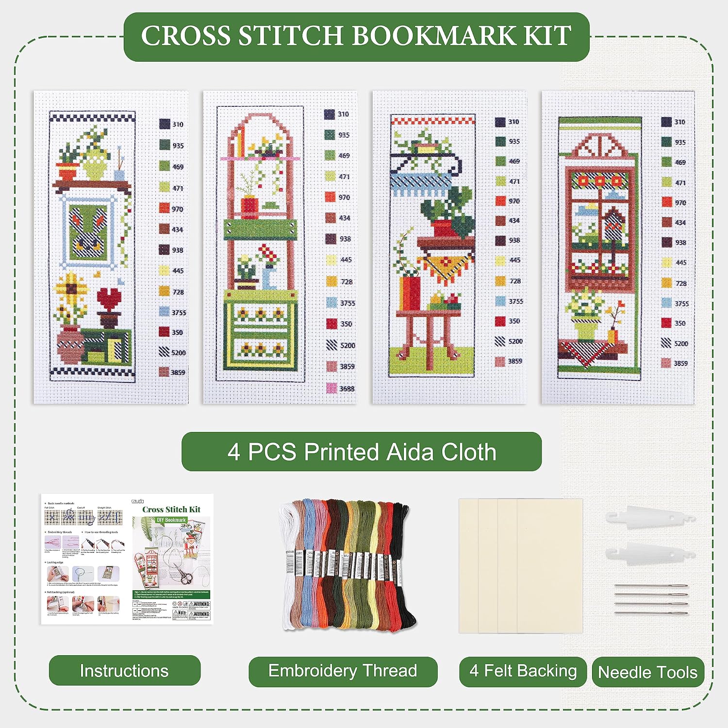 Caydo 4 PCS Cross Stitch Bookmark Kits, Stamped Cross Stitch Kit for Adults Kids Beginner, 14CT Embroidery Bookmark for Book Lovers,E-048P