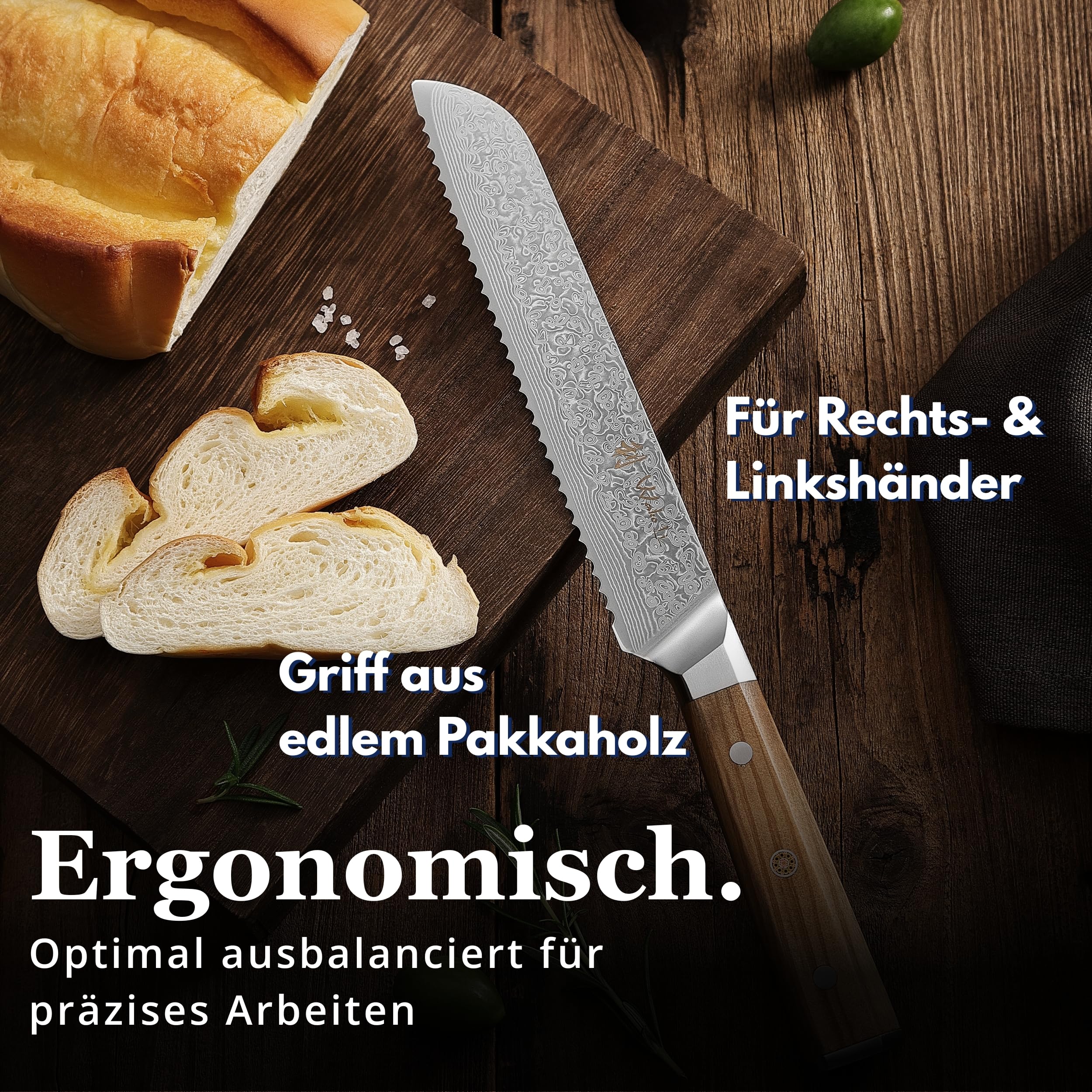 Wakoli Oribu Brotmesser mit 20 cm Klinge, VG10 Kern, 67 Lagen Damaststahl | Brotmesser: einseitiger 15° Wellenschliff, Full Tang, Olivenholzgriff, für Brot, Brötchen und Baguette, Geschenkbox