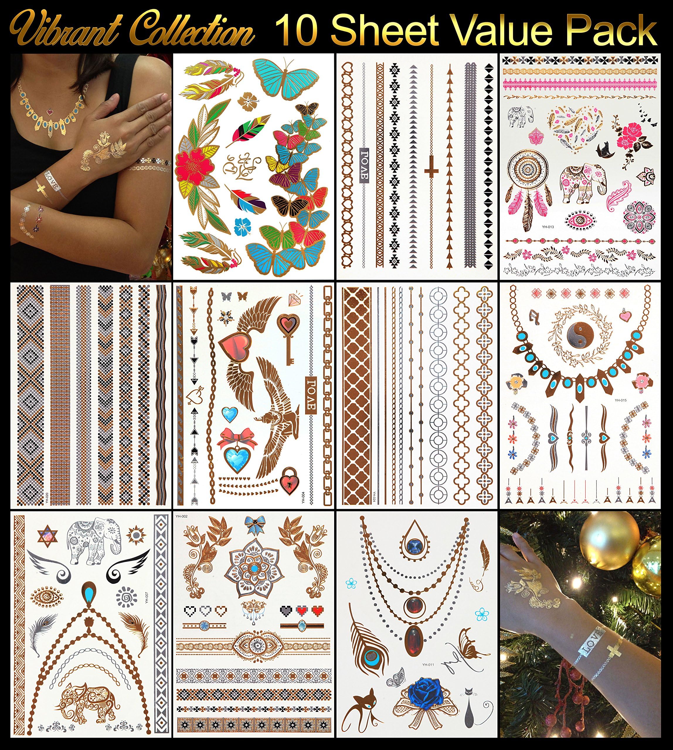 Metallic Tattoos - Pack of 10 Sheets with 129+ Temporary Flash Tattoos for Woman & Girls in Gold, Silver & Turquoise With Tribal, Flower & Butterfly Jewellery Designs Plus Many Other Styles