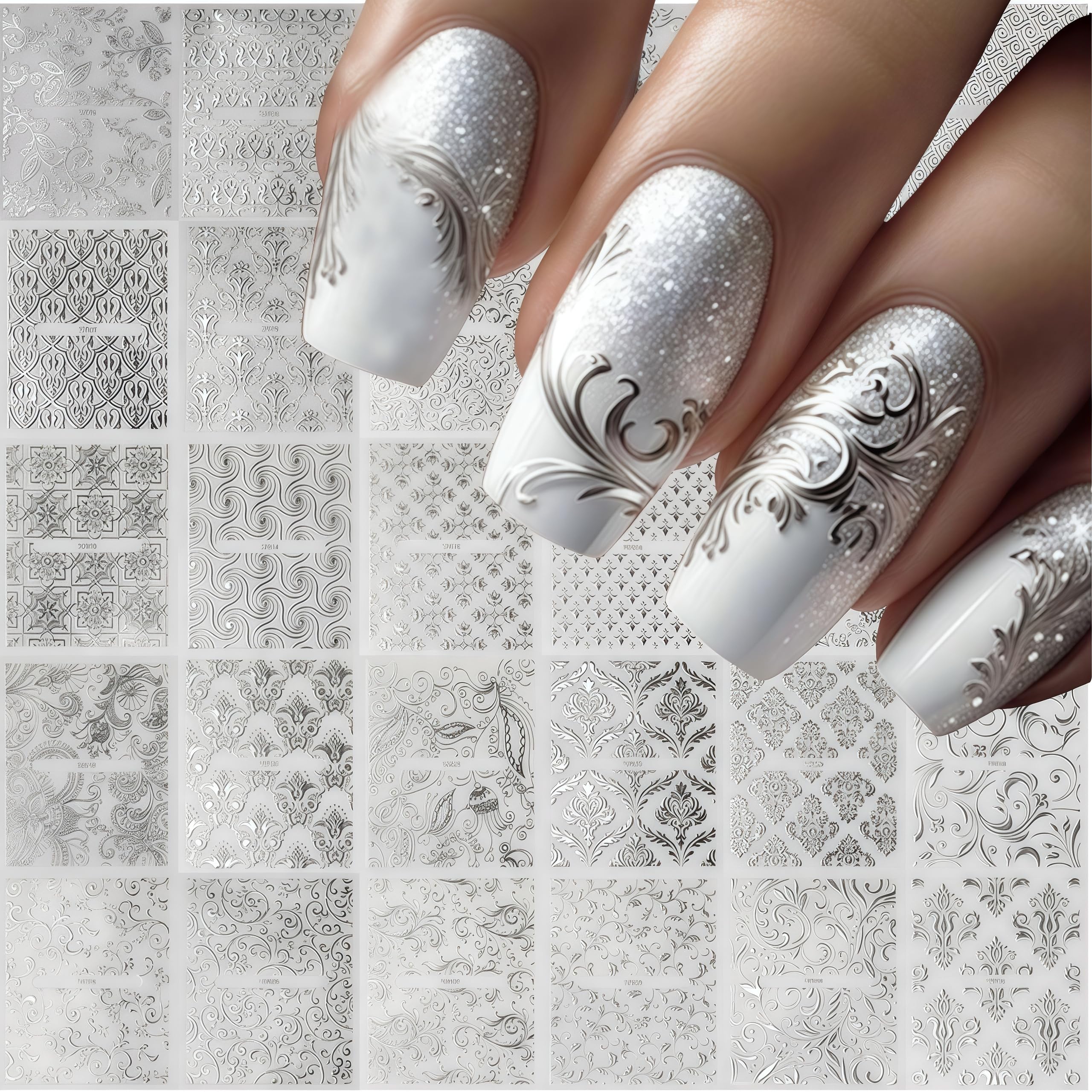 ネイルアート Amazon.com: 30 Sheets Silver Lace Nail Art Stickers 3D Self
