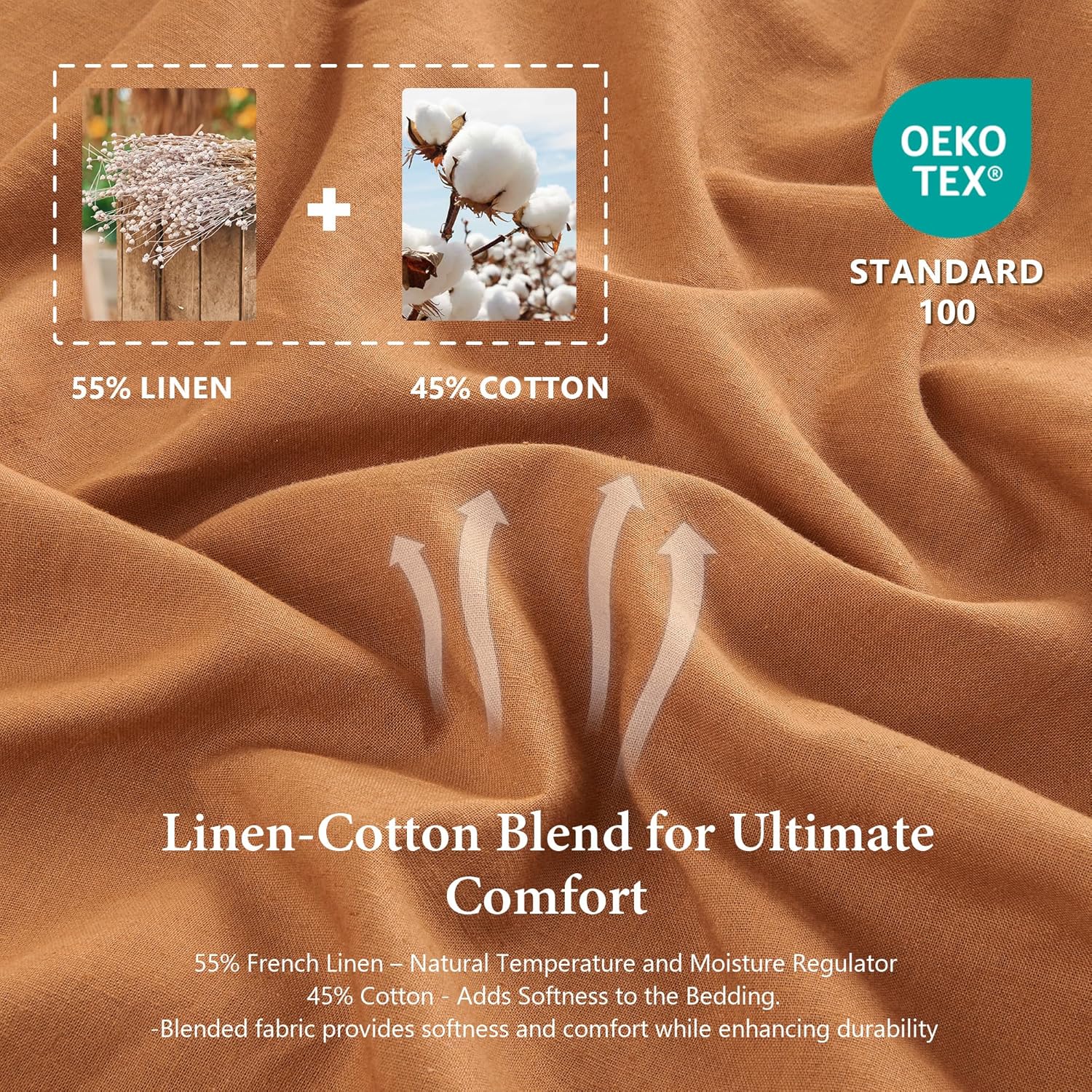 Flax Linen Duvet Cover King Size, 3PCS Natural French Linen Cotton Duvet Cover Set-1 Duvet Cover & 2 Pillowcases, Soft Breathable Comfy Linen Blend Bedding Set (Rust, 104" x 92")
