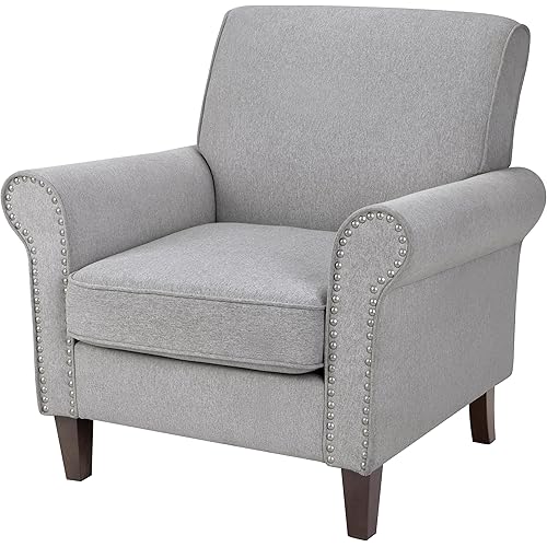 PrimeZone Comfy Accent Chair, Mid-Century Modern Fabric Living Room Chair Reading Chair with Soft Cushion, Nailhead Trim & Rolled Armrest, Arm Chair Sofa Chair for Bedroom Waiting Room Office, Grey