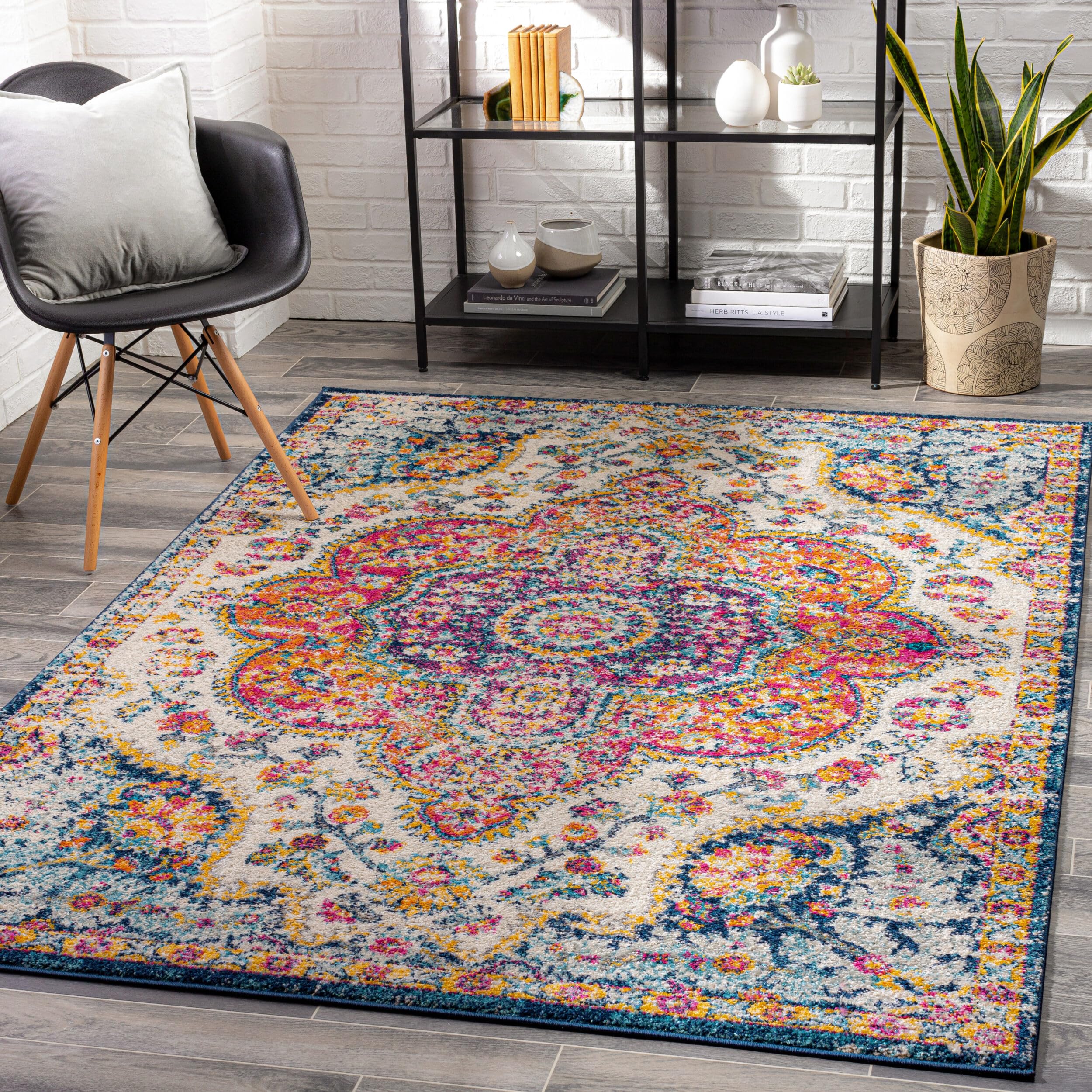 Livabliss Area Rugs - 7x9 Romaine Vintage Boho Fuchsia Mustard Blue Area Rug for Living Room Bedroom - Floral Medallion Stain Resistant Carpet for Kitchen, Nursery, Office (6'7" x 9')OEKO-TEX STANDARD 100