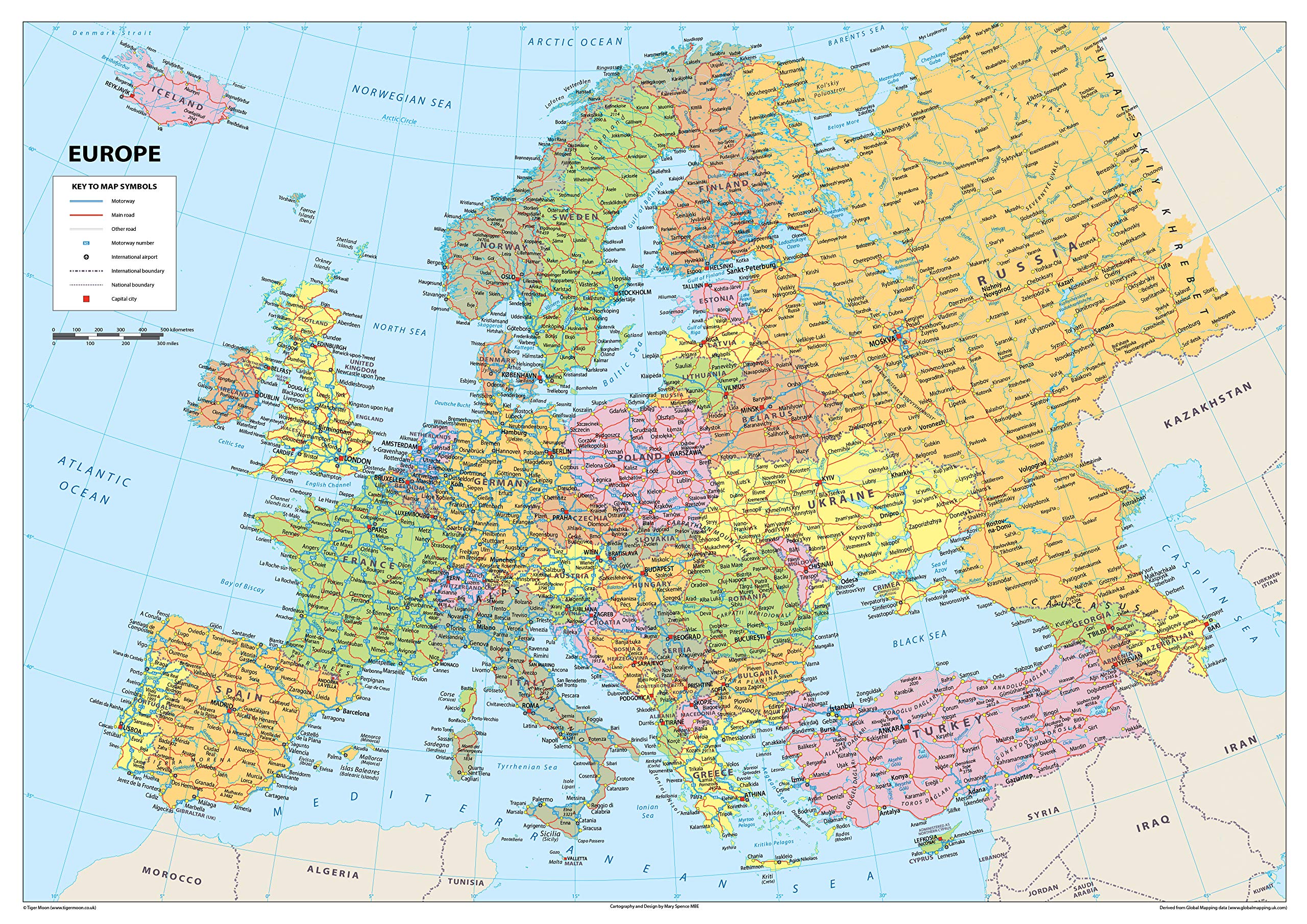 Detailed Political Map of Europe - Size A2-42x 59.4 cm - Paper Laminated