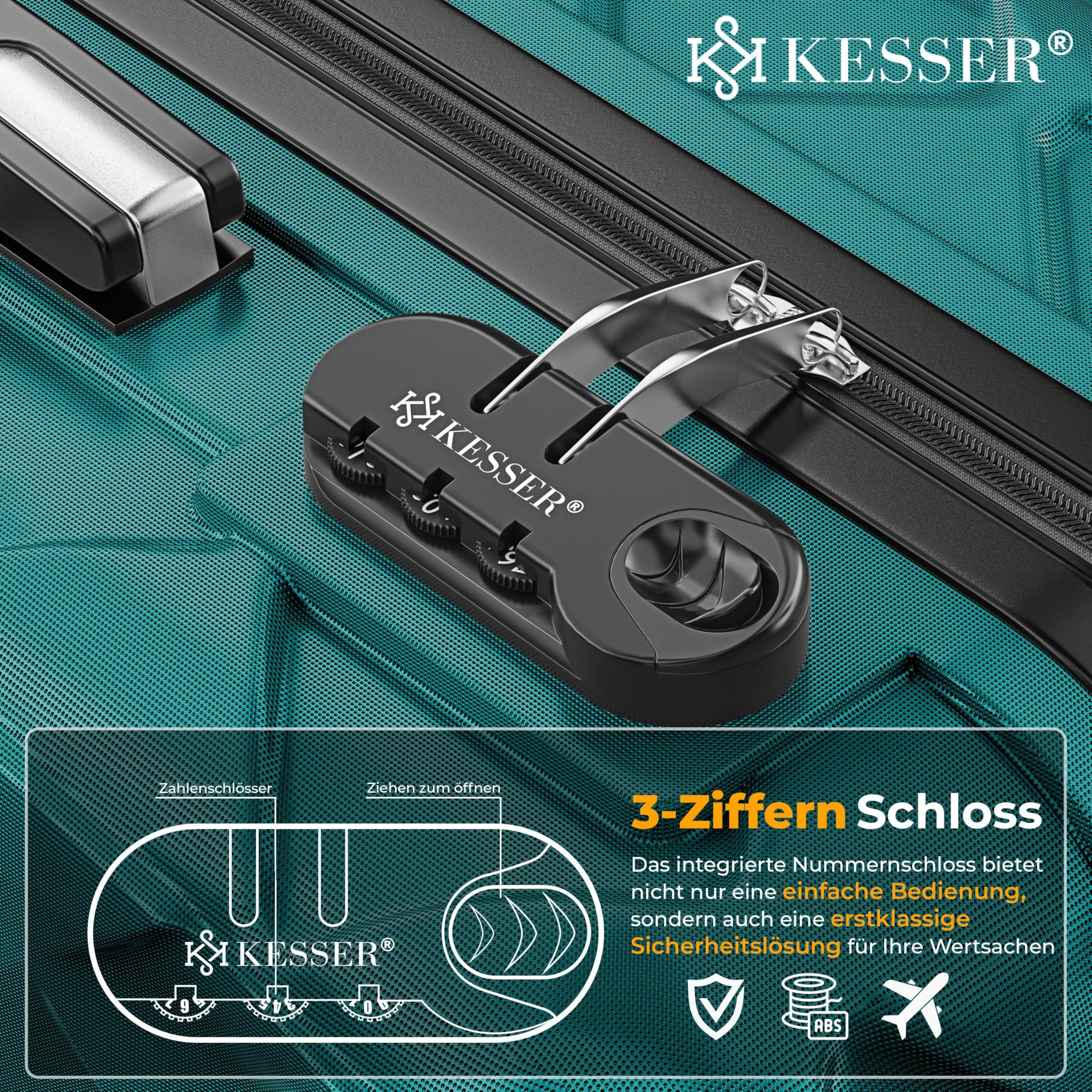KESSER Valigia da viaggio in ABS rigida con serratura a combinazione, bilancia e portafoglio da viaggio con ruote a 360°, valigetta per business e viaggio, Petrol Teal, 75cm - 120L, Classico