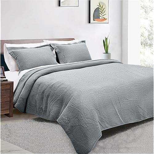 Threadmill Twin Quilt Set - Cotton Bamboo Bedding Soft Lightweight Summer Quilt Bedspread 2 Piece Set - Modern Circle Design Coverlet for All Season - 1 Quilt, 1 Pillow Sham - Scottish Grey