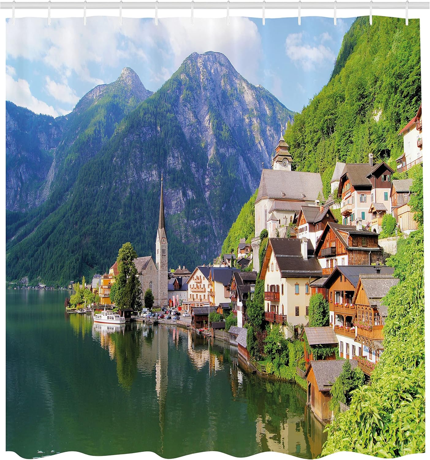 Ambesonne Nature Shower Curtain, Idyllic Alps Village Small Town by Majestic Mountain Lake European Pastoral Scenery, Cloth Fabric Bathroom Decor Set with Hooks, 69" W x 70" L, Multicolor Fern Green