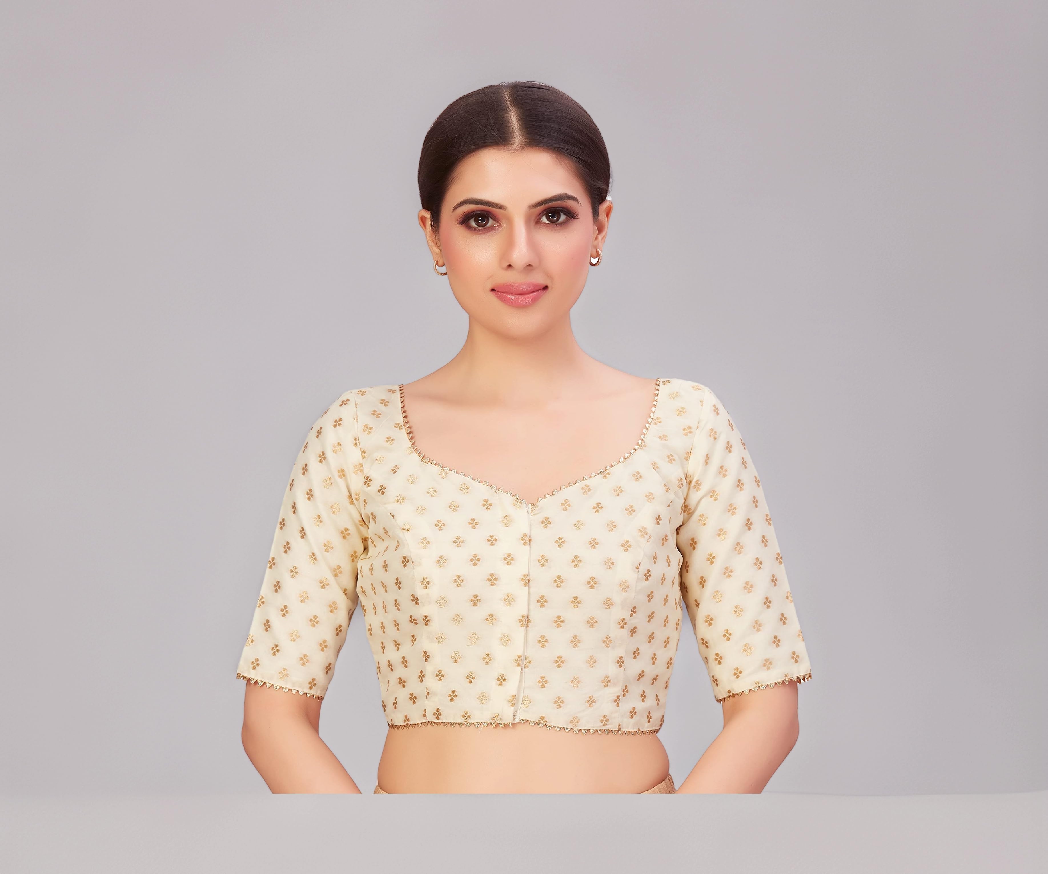 Studio Shringaar Women's Polyester Elbow Length Sleeves Banarasi Saree Blouse