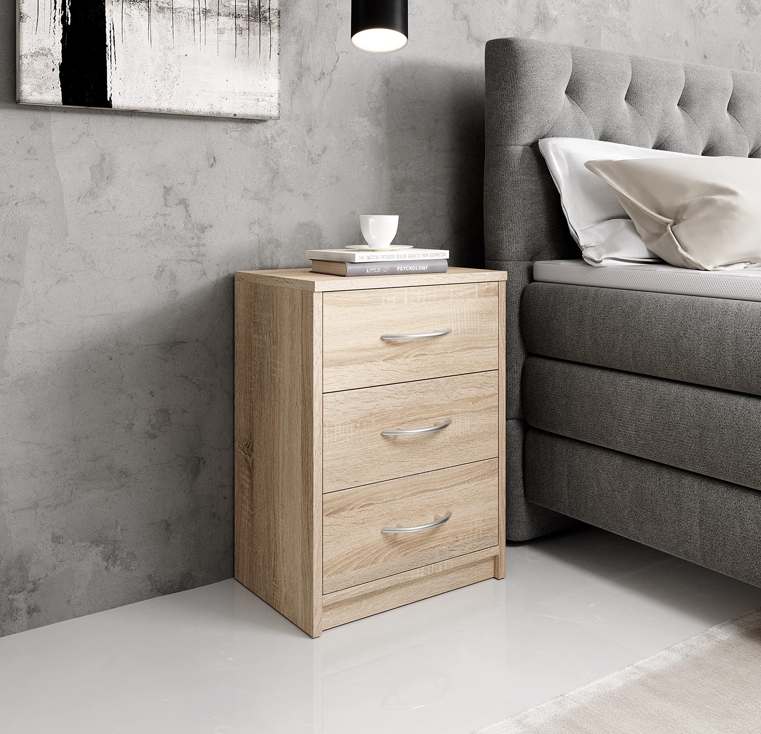 AVANTI TRENDSTORE - Pepe - Comodino in legno laminato con 3 cassetti. Disponibile in diversi colori. Dimensioni LAP: 38,5x54,2x28,2 cm (quercia Sonoma)