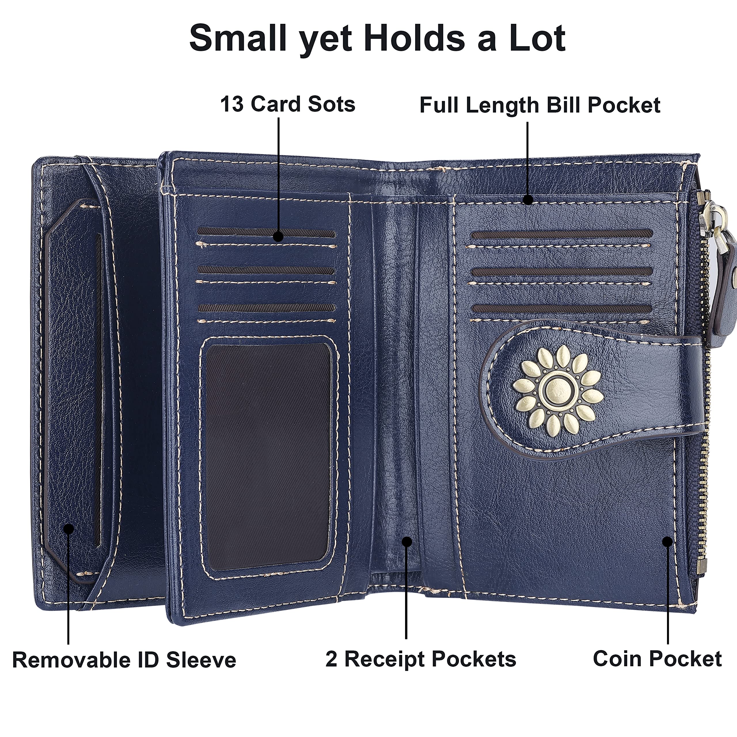 Lavemi Cartera de piel para mujer, pequeña, compacta, con bloqueo RFID, bolsillo con cremallera, Azul, Talla única