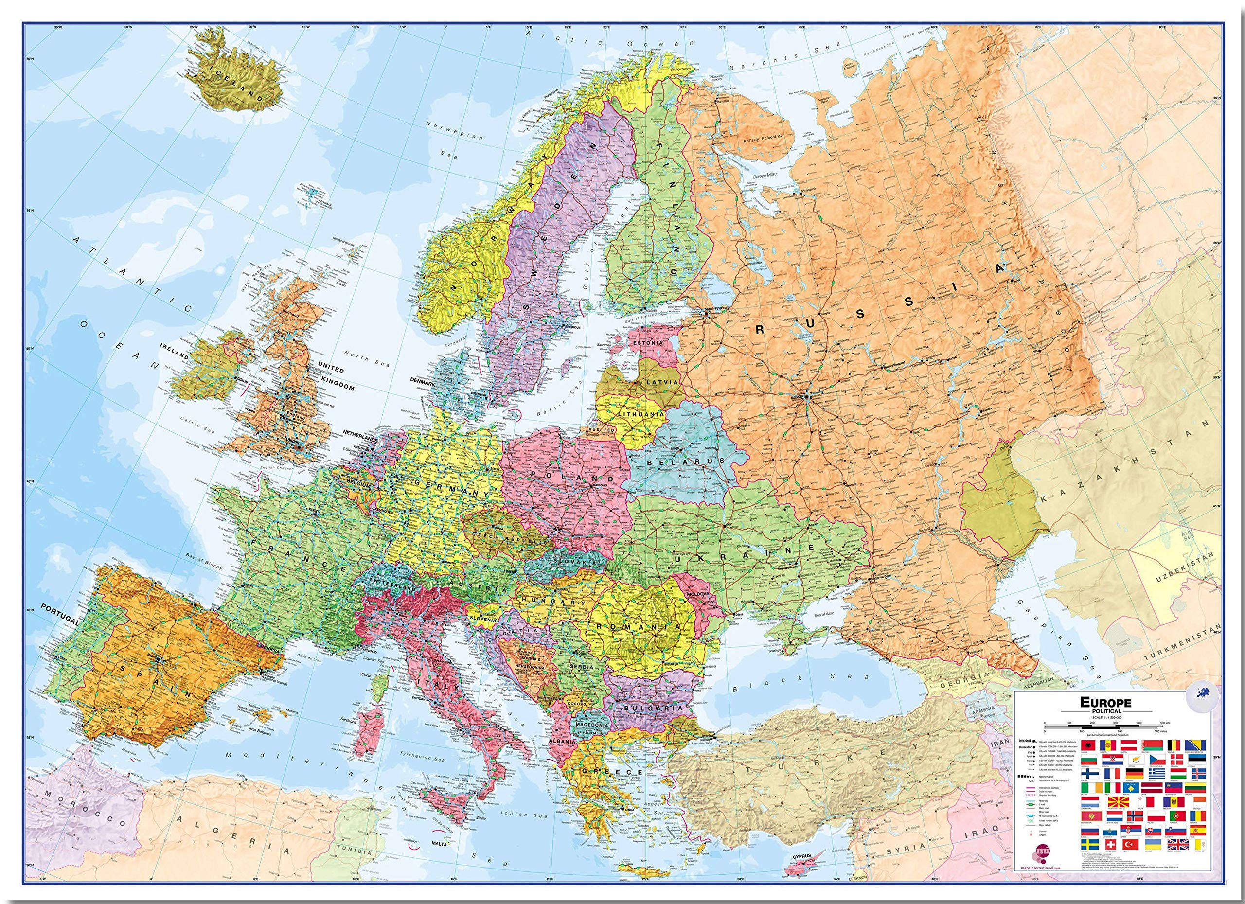 Maps International Large Political Europe Wall Map - Pinboard - 39 x 53