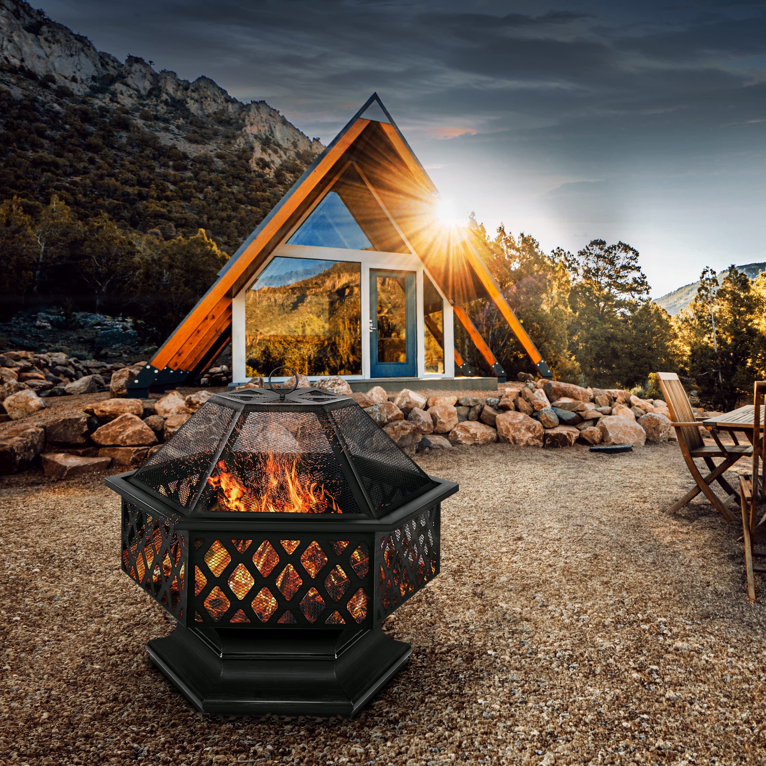 tillvex Brasero Extérieur BBQ | Foyer Poêle pour Jardin, Terrasse | Chauffage avec Gril-Le à Charbon + Couvercle | Cheminée Feu pour Barbecue avec Tissonier Noir (Hexagonal)